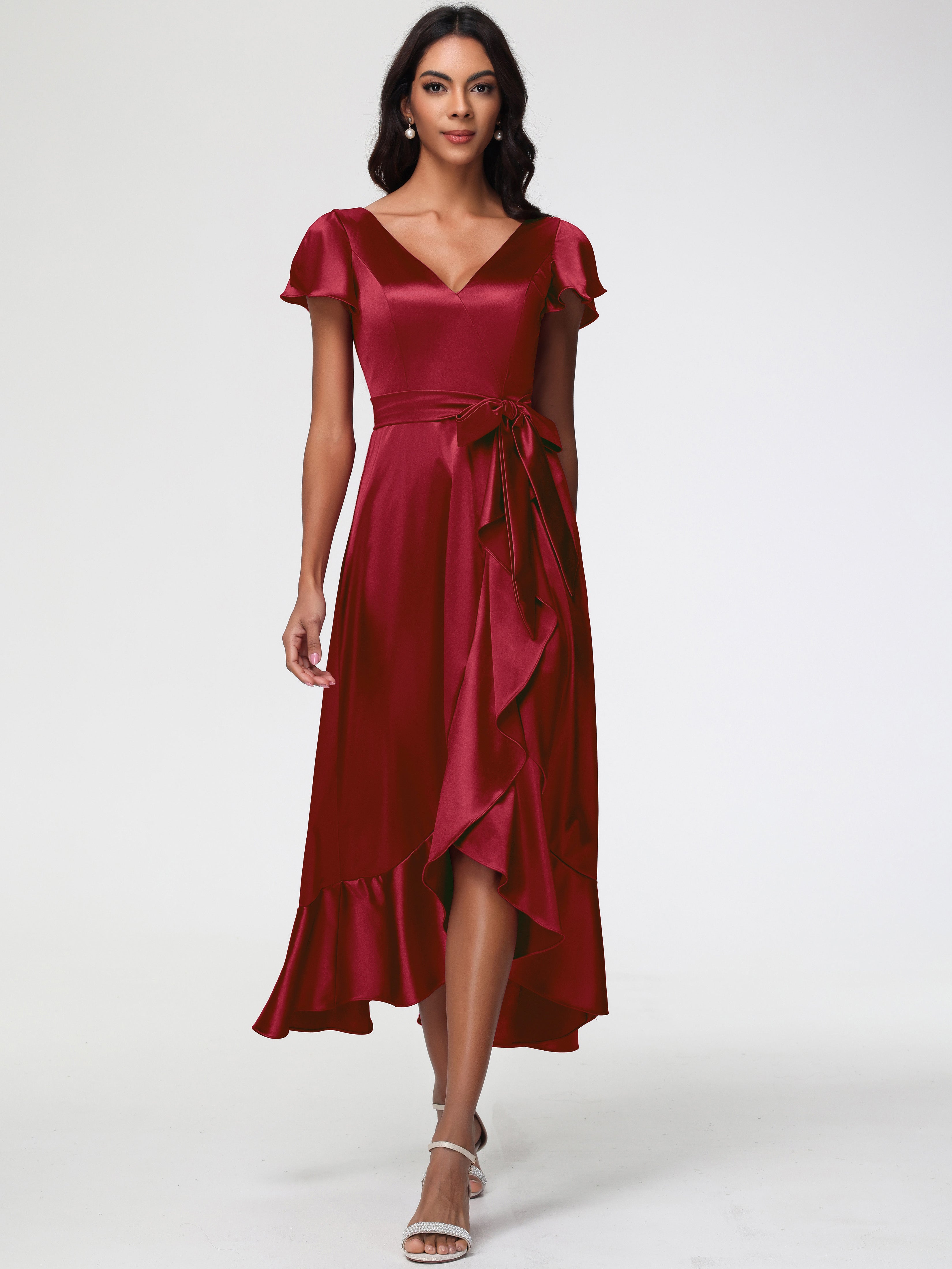 Robe Demoiselle D Honneur A Bordeaux Asymétrique Col V Trapèze Satin Extensible Mi-Longue Robe De Demoiselle D'Honneur
