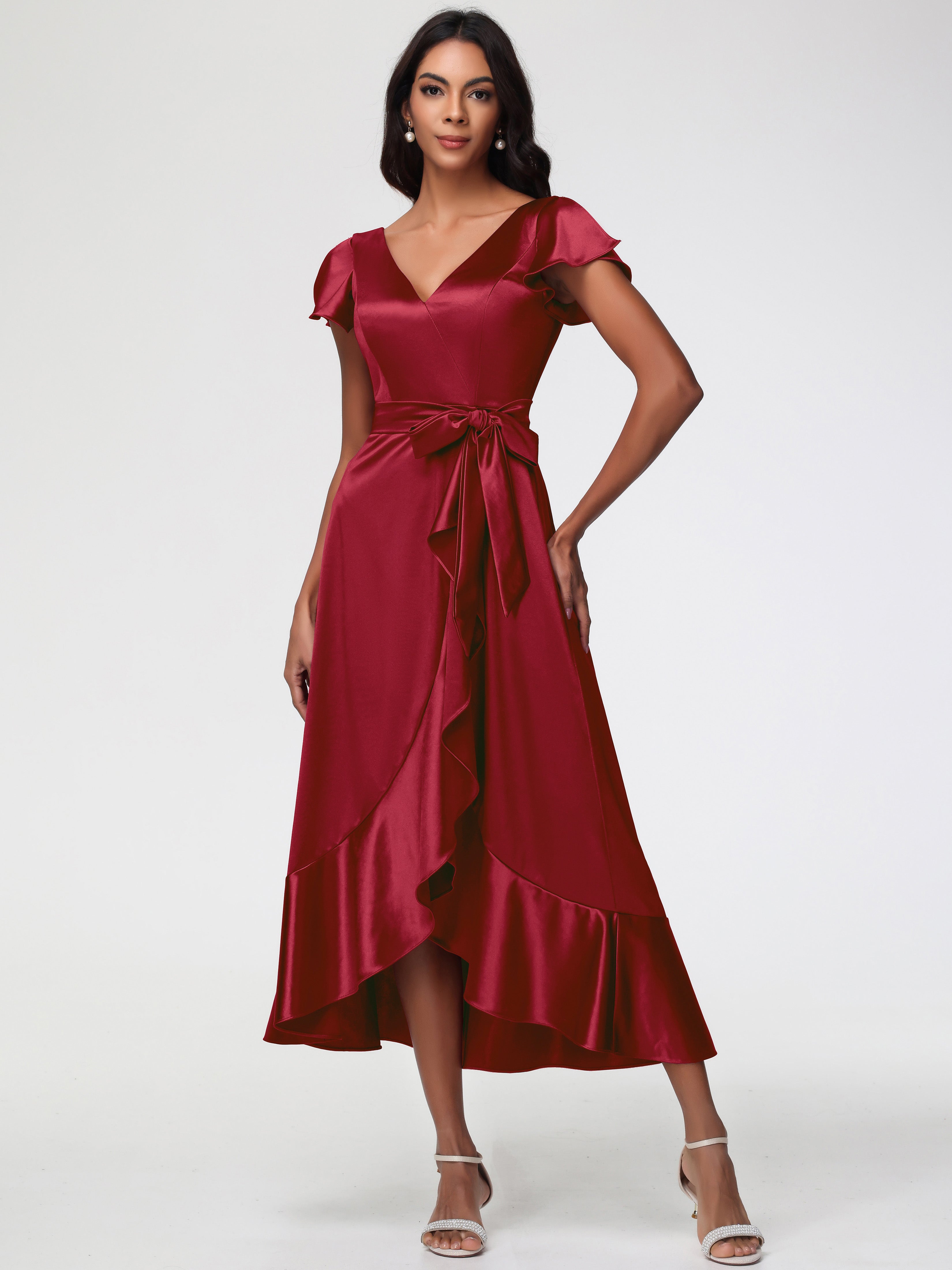 Robe Demoiselle D Honneur A Bordeaux Asymétrique Col V Trapèze Satin Extensible Mi-Longue Robe De Demoiselle D'Honneur