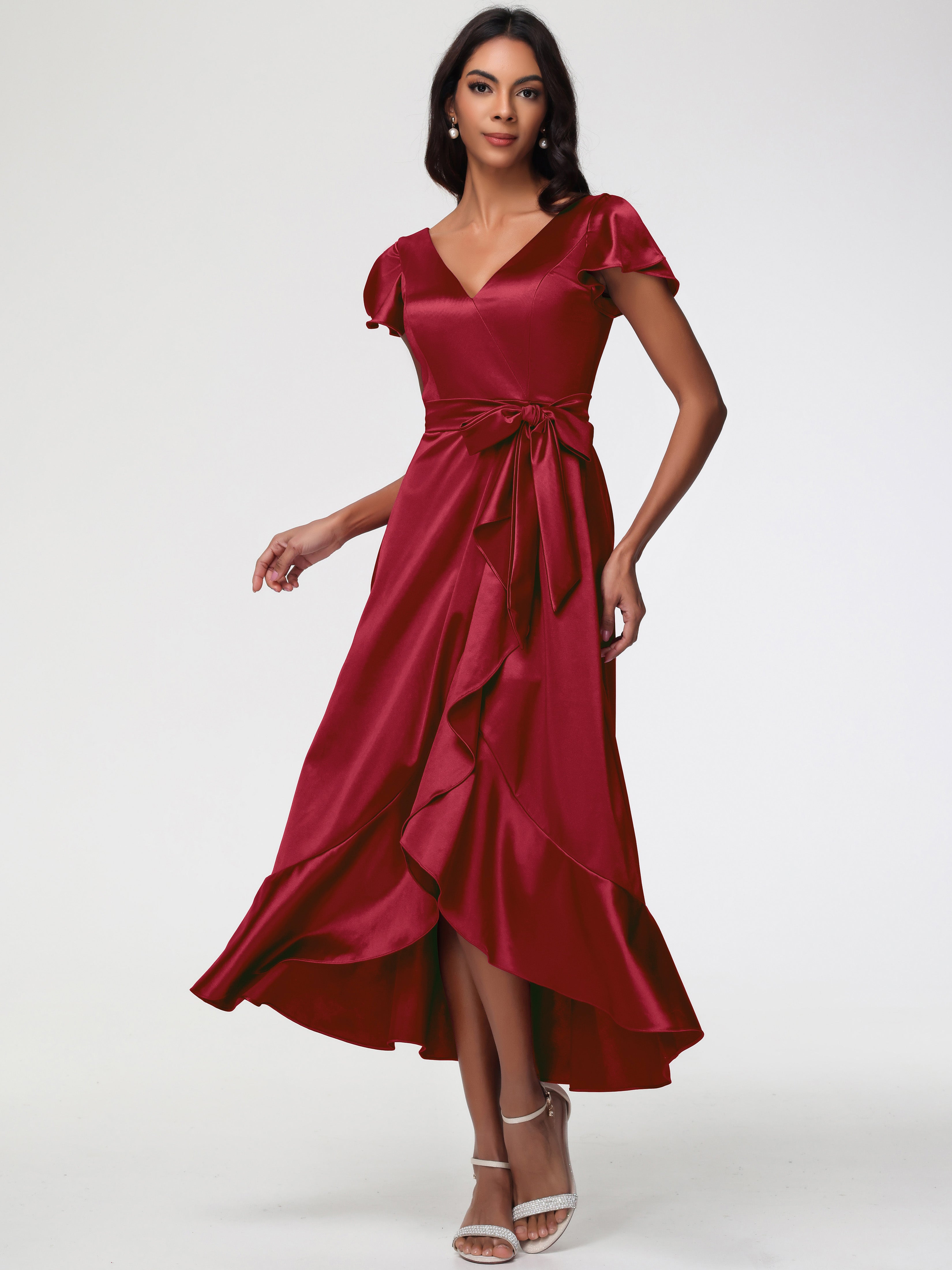 Robe Demoiselle D Honneur A Bordeaux Asymétrique Col V Trapèze Satin Extensible Mi-Longue Robe De Demoiselle D'Honneur