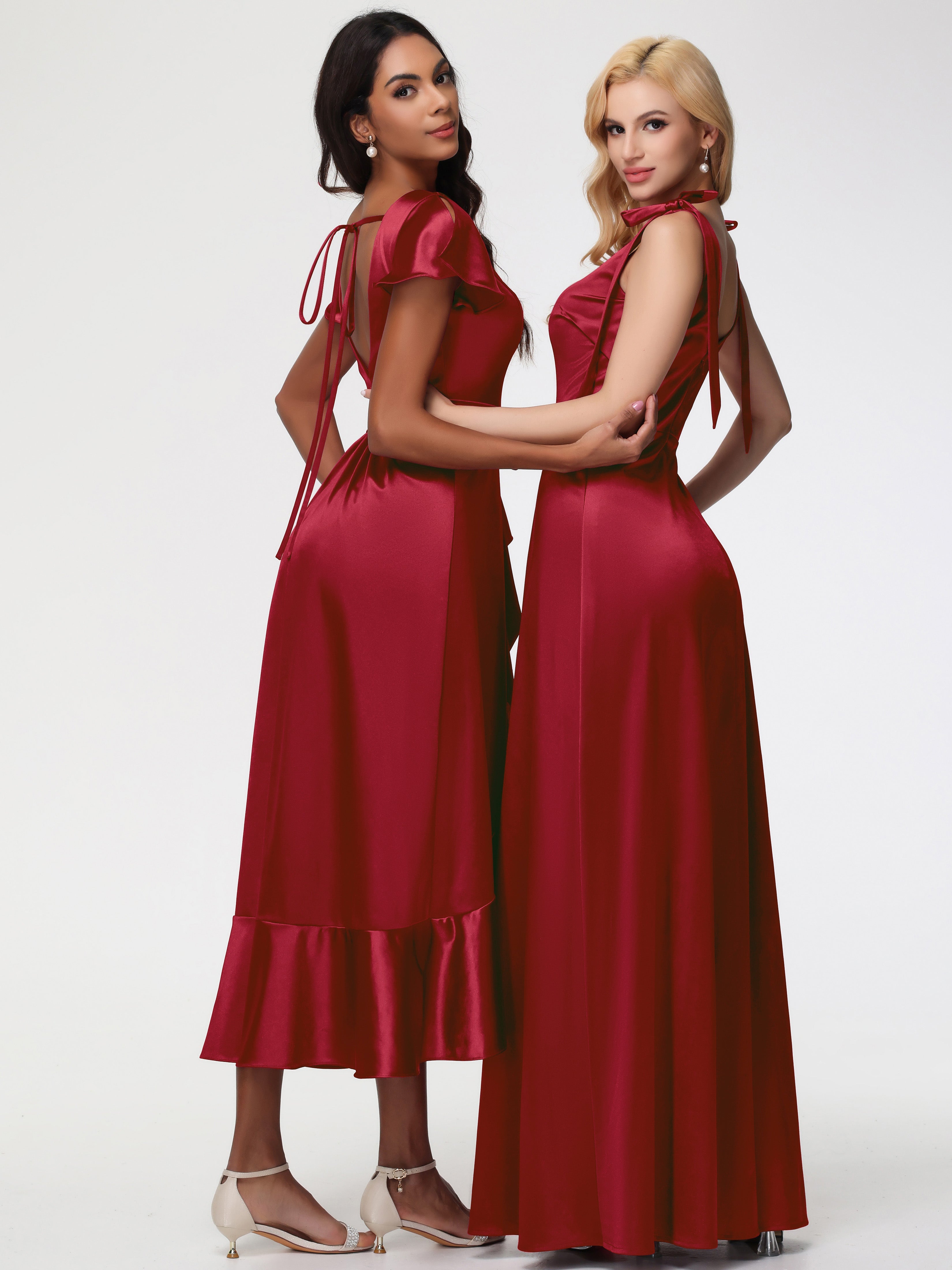 Robe Demoiselle D Honneur A Bordeaux Asymétrique Col V Trapèze Satin Extensible Mi-Longue Robe De Demoiselle D'Honneur