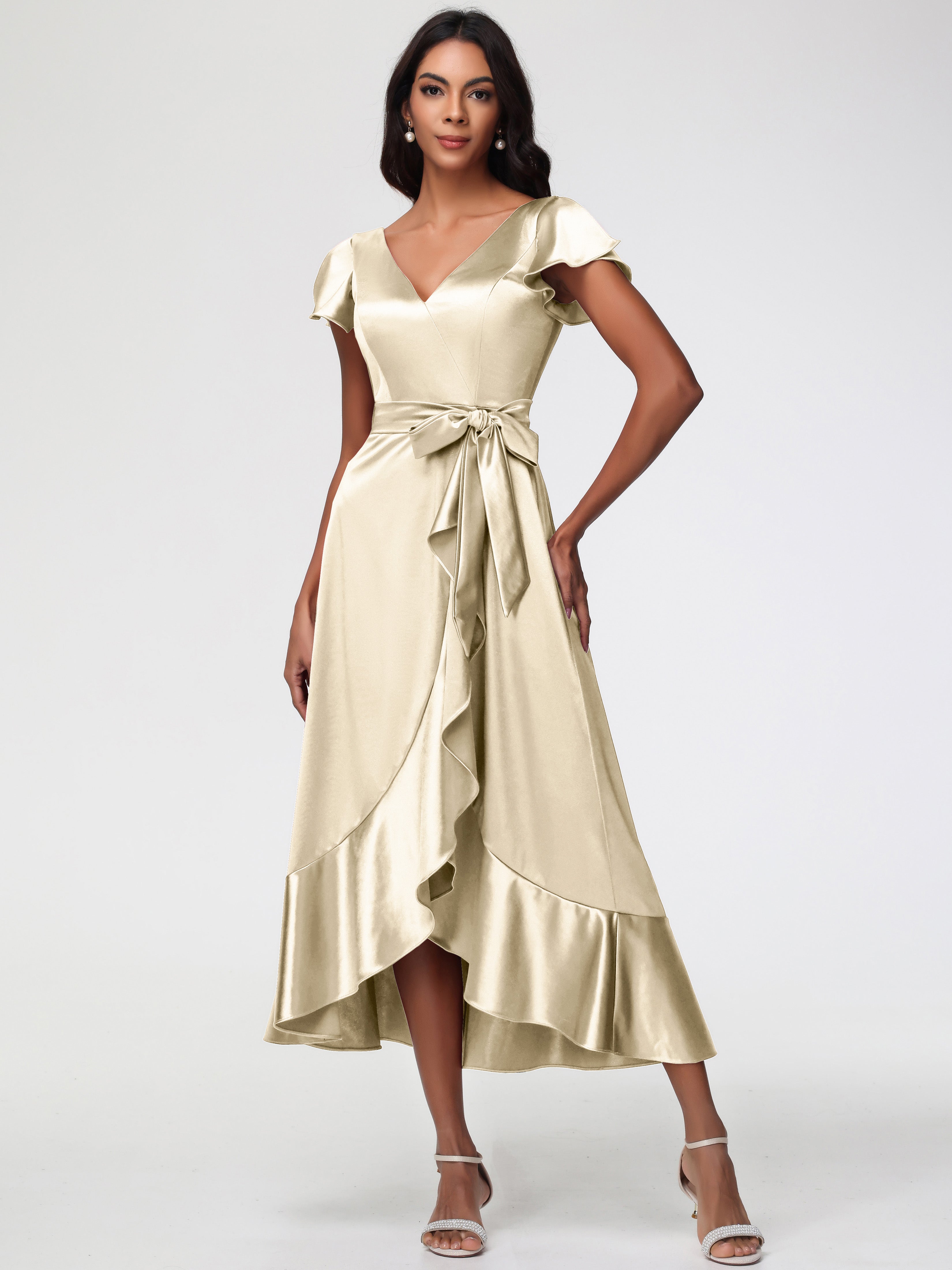 Demoiselle Dhonneur Robe Champagne Asymétrique Col V Trapèze Satin Extensible Mi-Longue Robe De Demoiselle D'Honneur