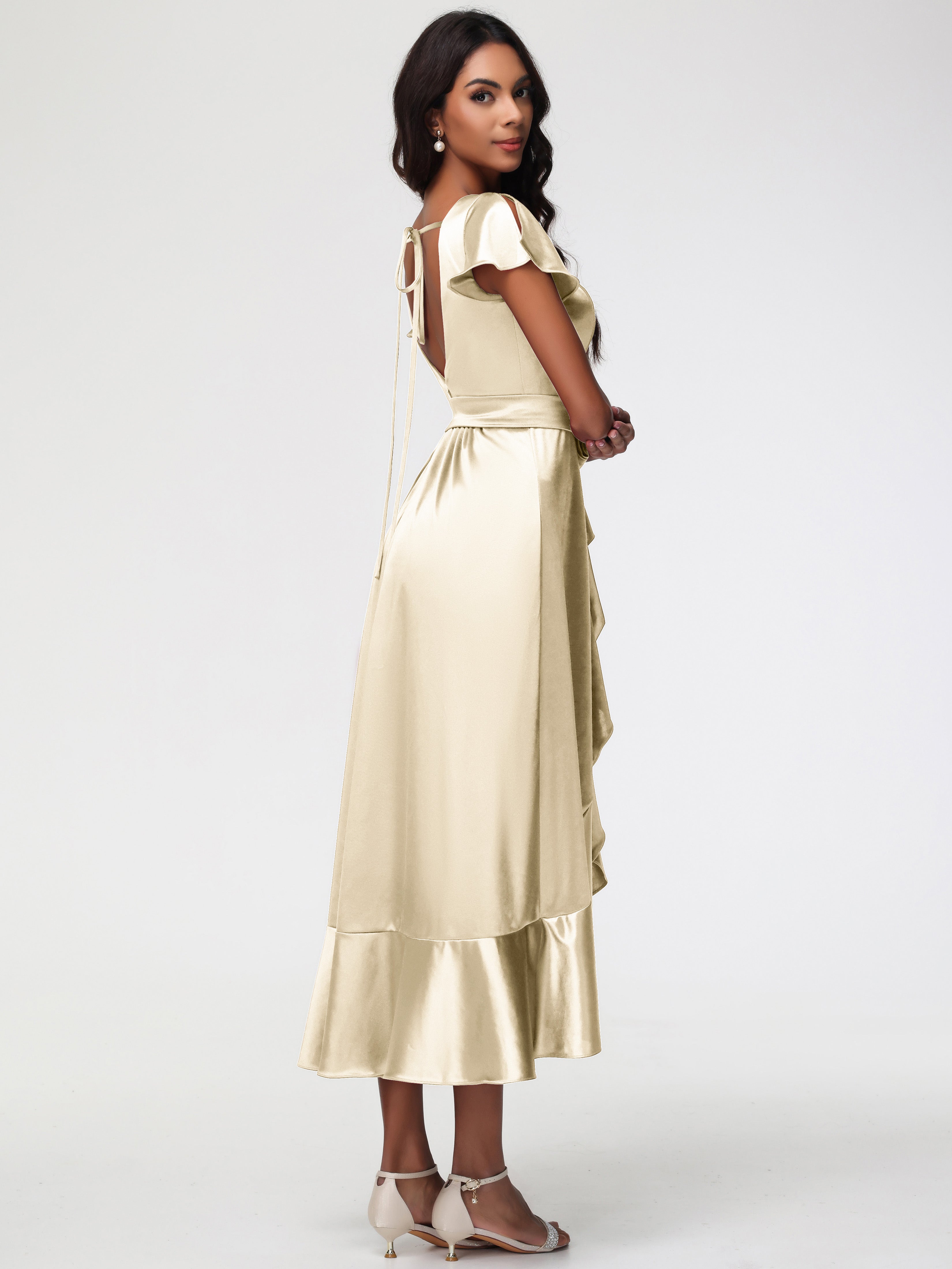 Demoiselle Dhonneur Robe Champagne Asymétrique Col V Trapèze Satin Extensible Mi-Longue Robe De Demoiselle D'Honneur