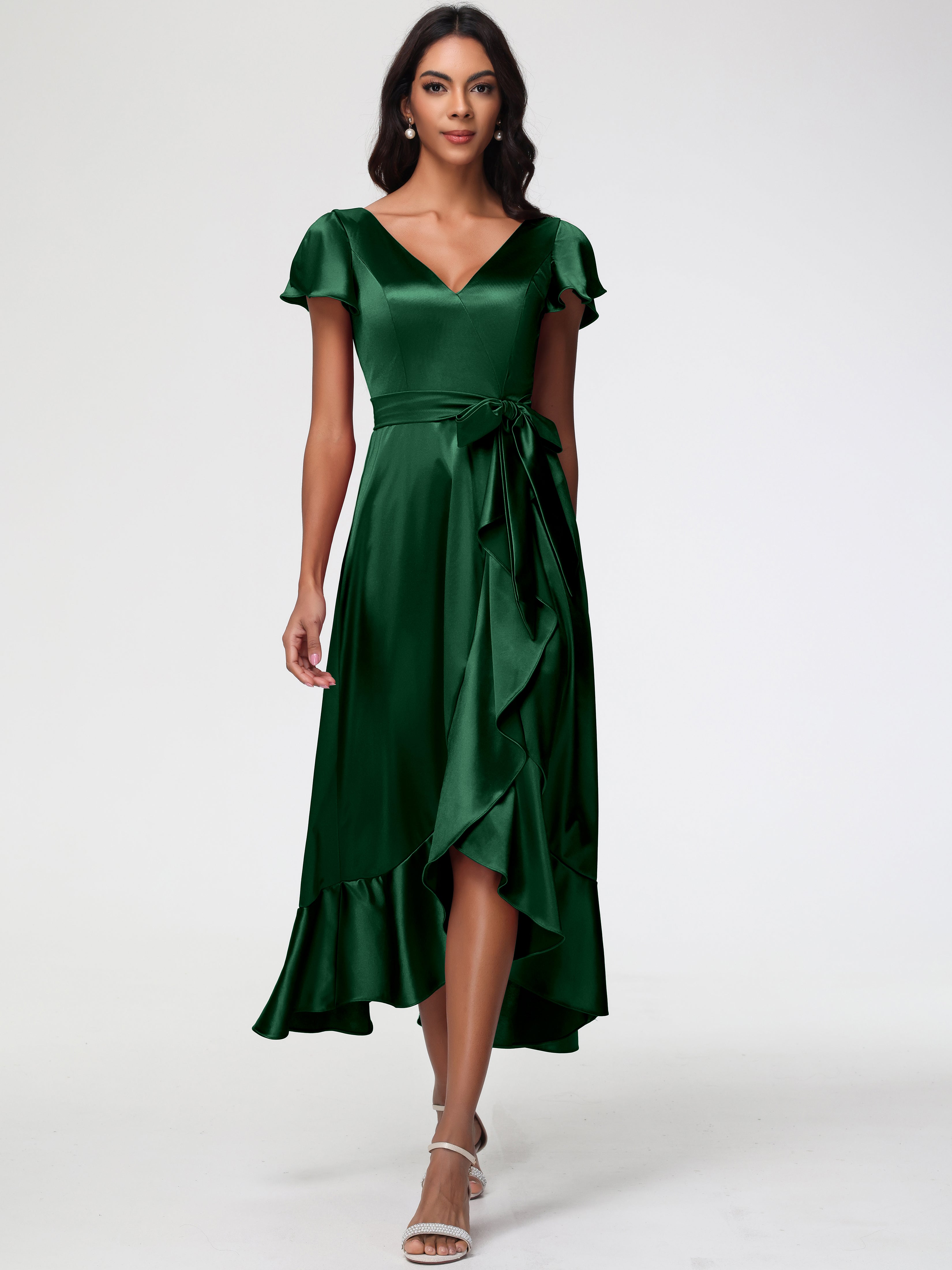 Robes De Demoiselle D'Honneur VERT FONCÉ Asymétrique Col V Trapèze Satin Extensible Mi-Longue