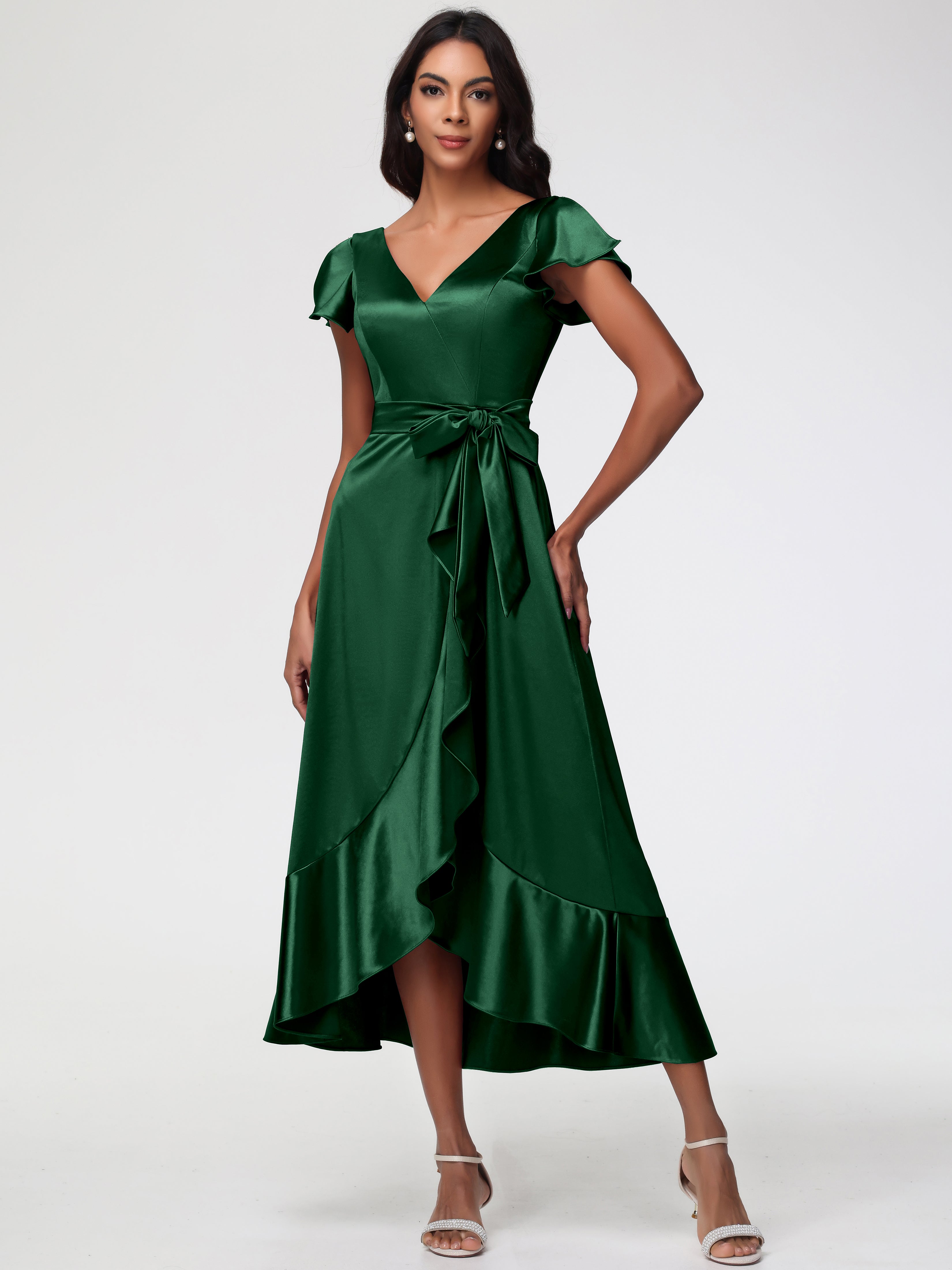 Robes De Demoiselle D'Honneur VERT FONCÉ Asymétrique Col V Trapèze Satin Extensible Mi-Longue
