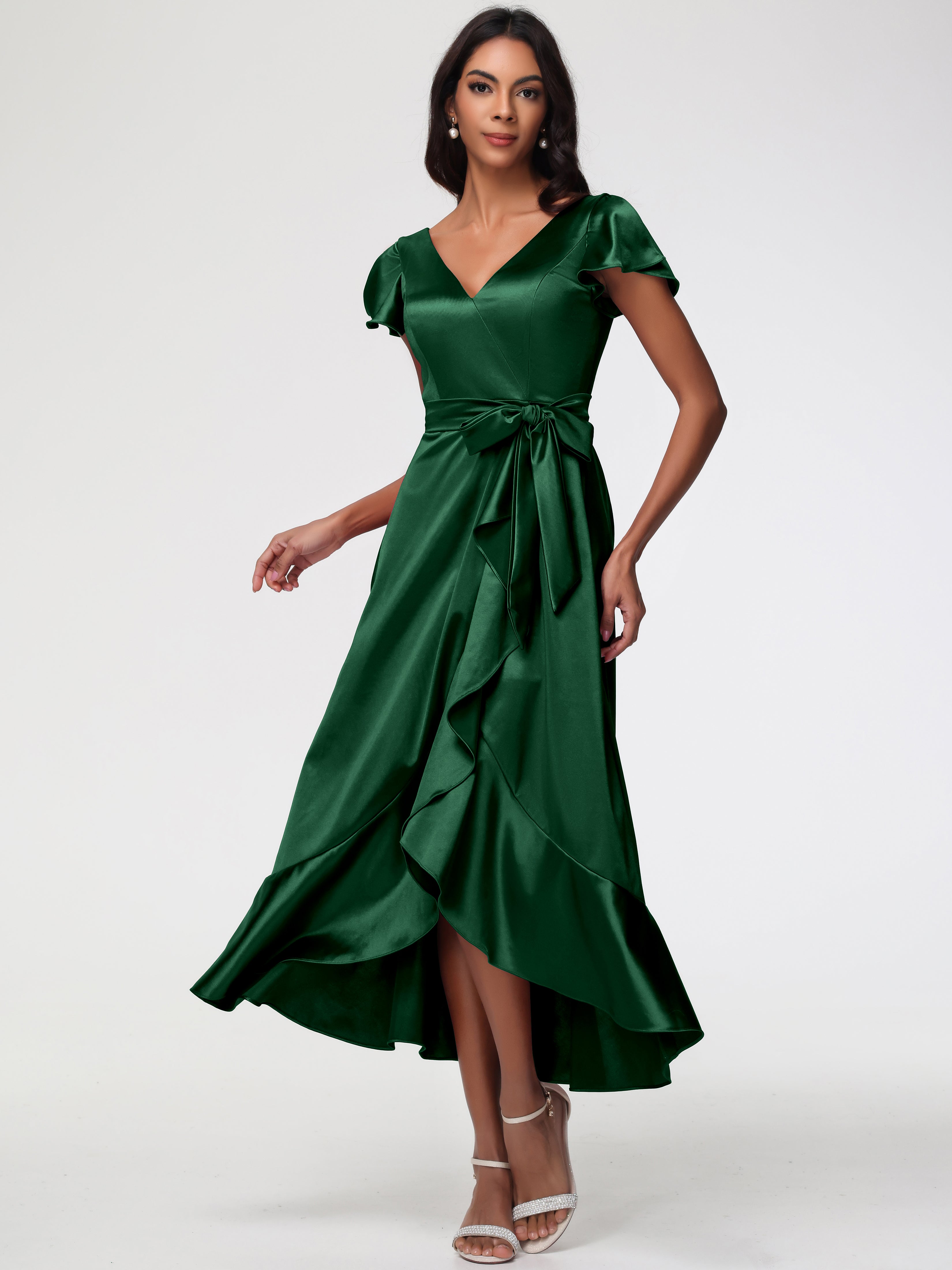 Robes De Demoiselle D'Honneur VERT FONCÉ Asymétrique Col V Trapèze Satin Extensible Mi-Longue