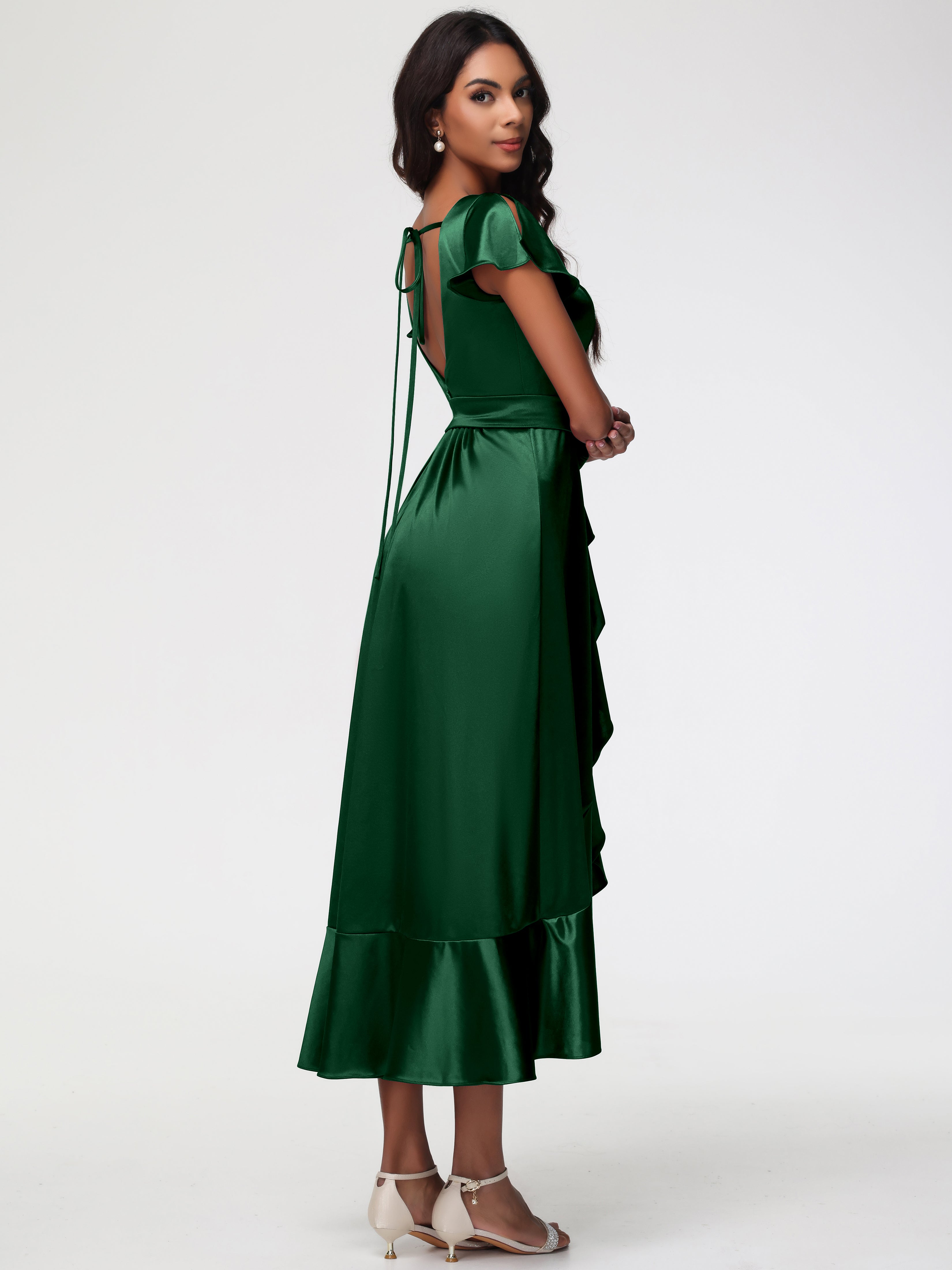 Robes De Demoiselle D'Honneur VERT FONCÉ Asymétrique Col V Trapèze Satin Extensible Mi-Longue