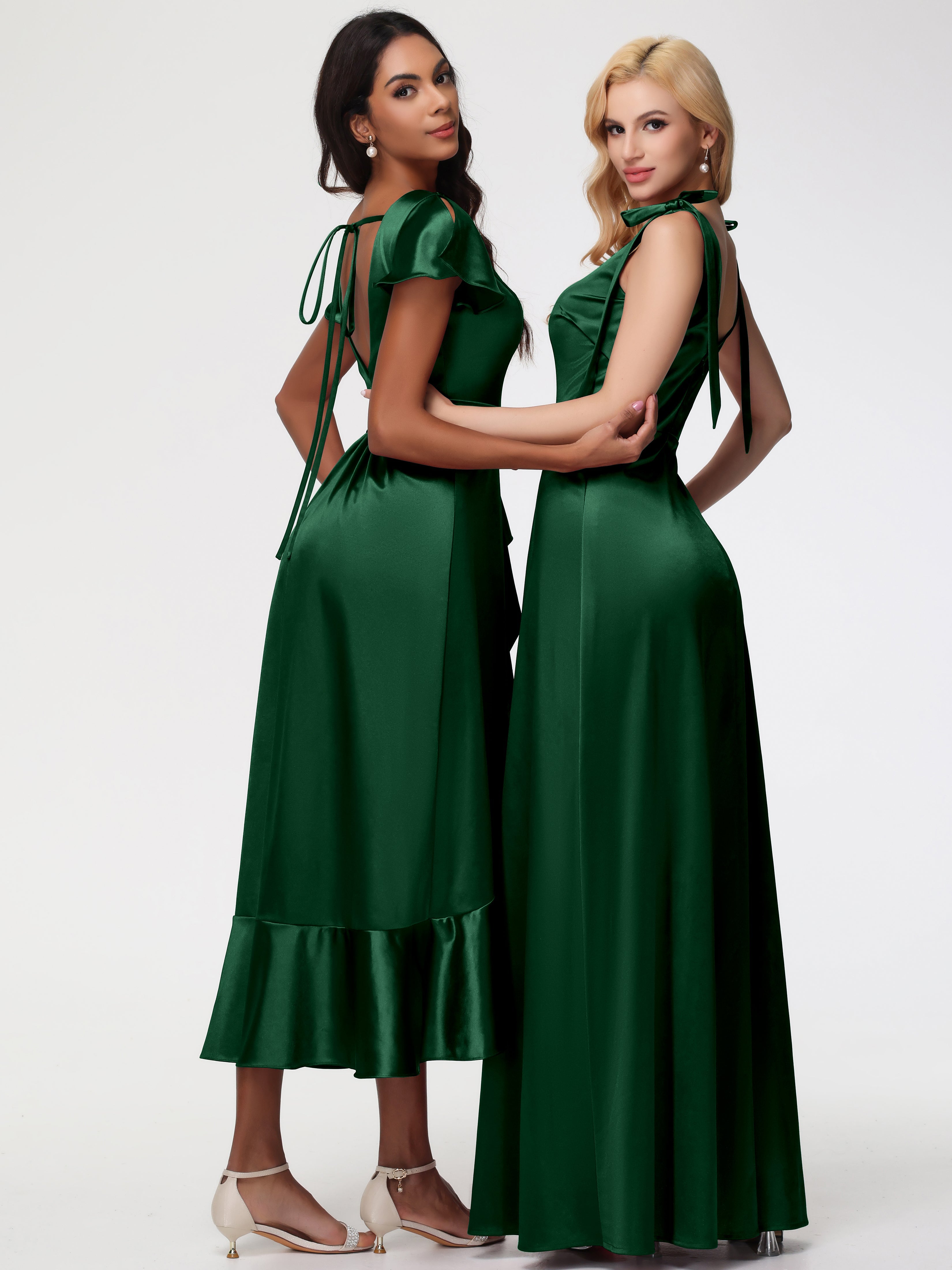 Robes De Demoiselle D'Honneur VERT FONCÉ Asymétrique Col V Trapèze Satin Extensible Mi-Longue