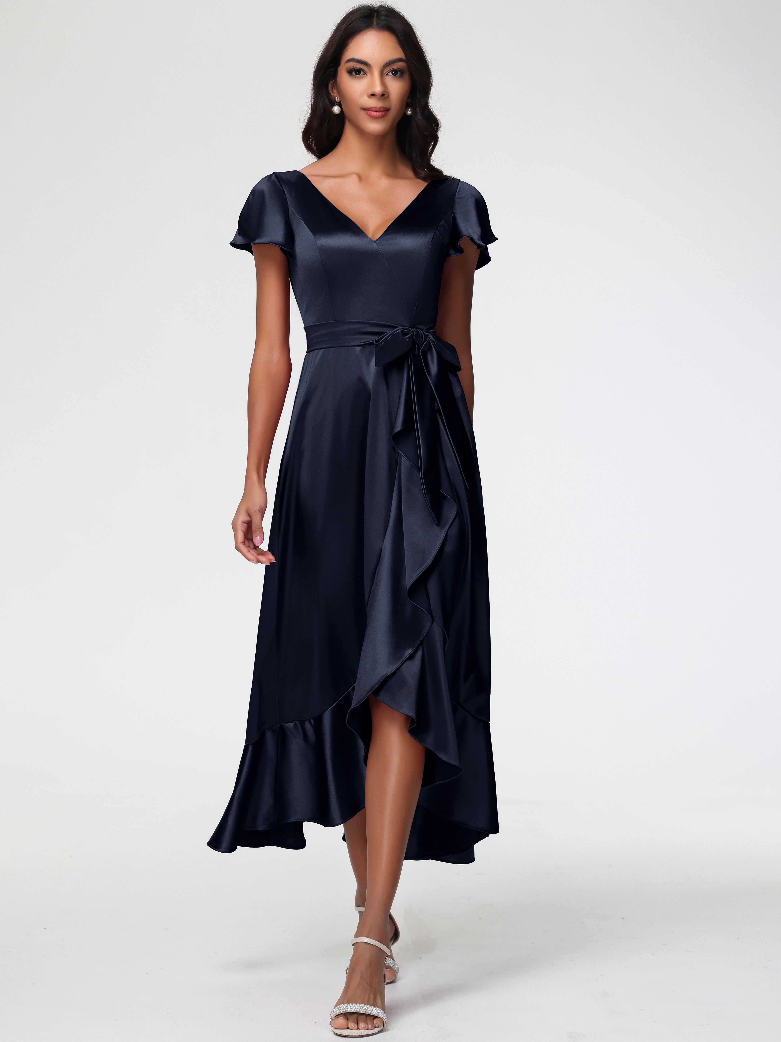 Robe Demoiselle Honneur Bleu Marine Asymétrique Col V Trapèze Satin Extensible Mi-Longue Robe De Demoiselle D'Honneur