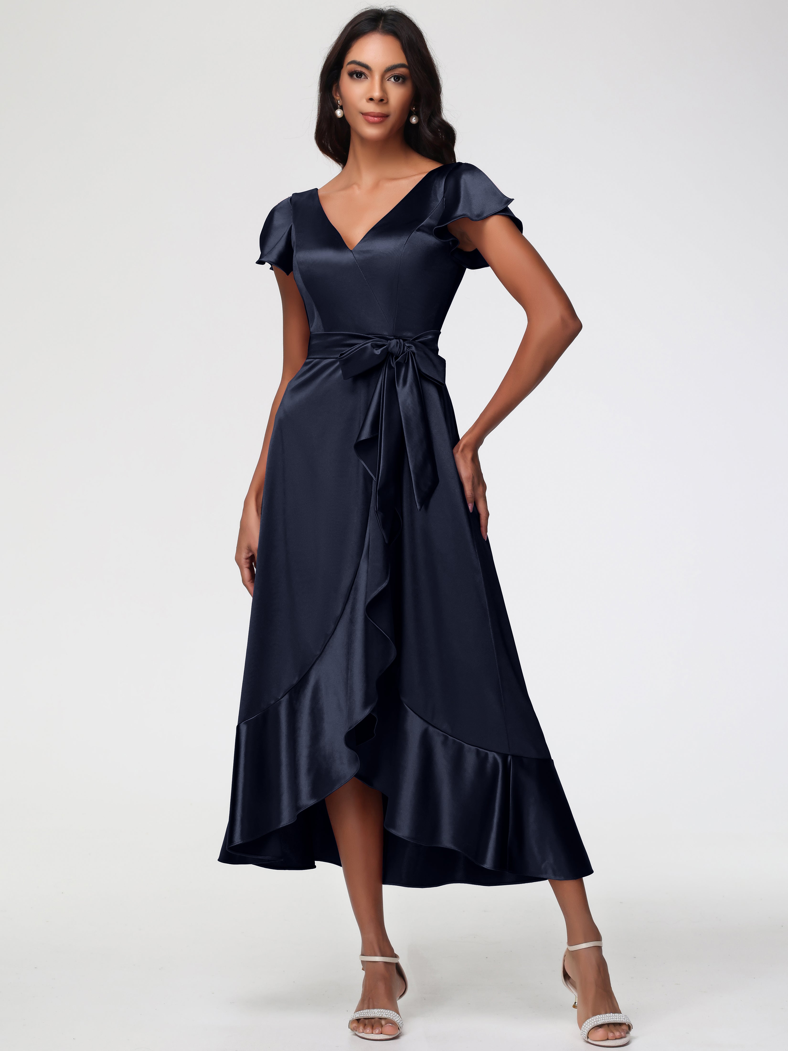 Robe Demoiselle Honneur Bleu Marine Asymétrique Col V Trapèze Satin Extensible Mi-Longue Robe De Demoiselle D'Honneur