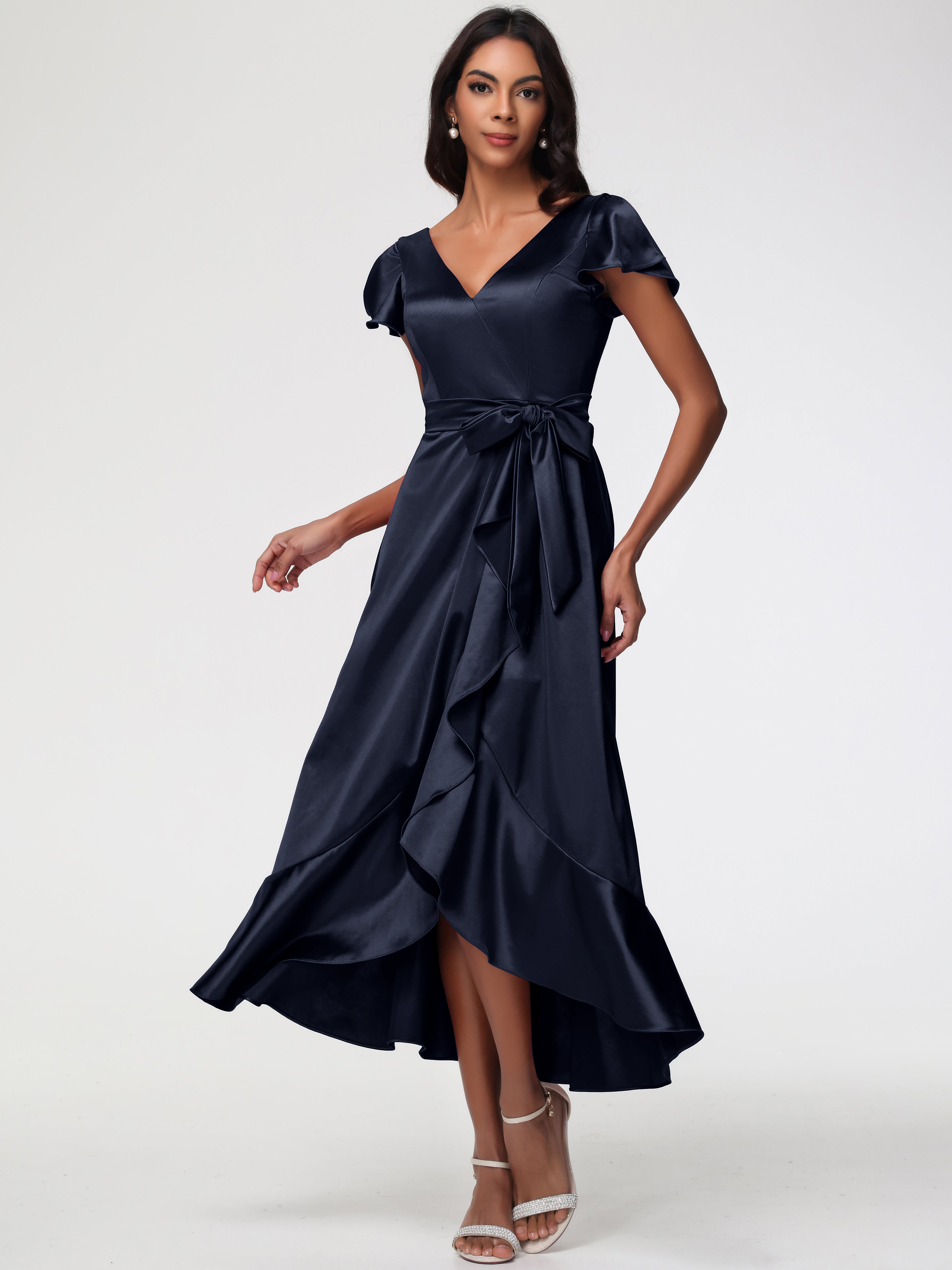 Robe Demoiselle Honneur Bleu Marine Asymétrique Col V Trapèze Satin Extensible Mi-Longue Robe De Demoiselle D'Honneur