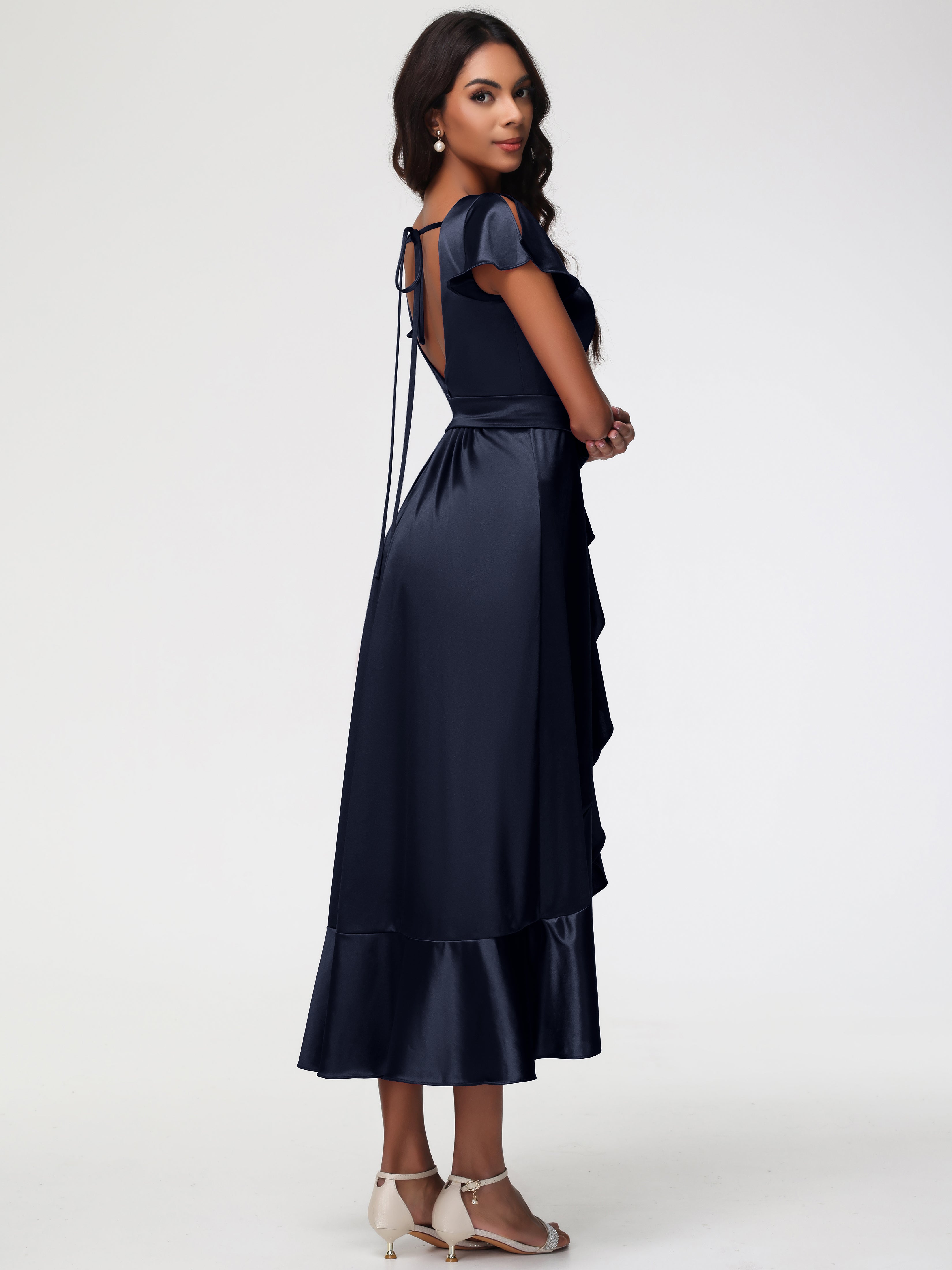 Robe Demoiselle Honneur Bleu Marine Asymétrique Col V Trapèze Satin Extensible Mi-Longue Robe De Demoiselle D'Honneur