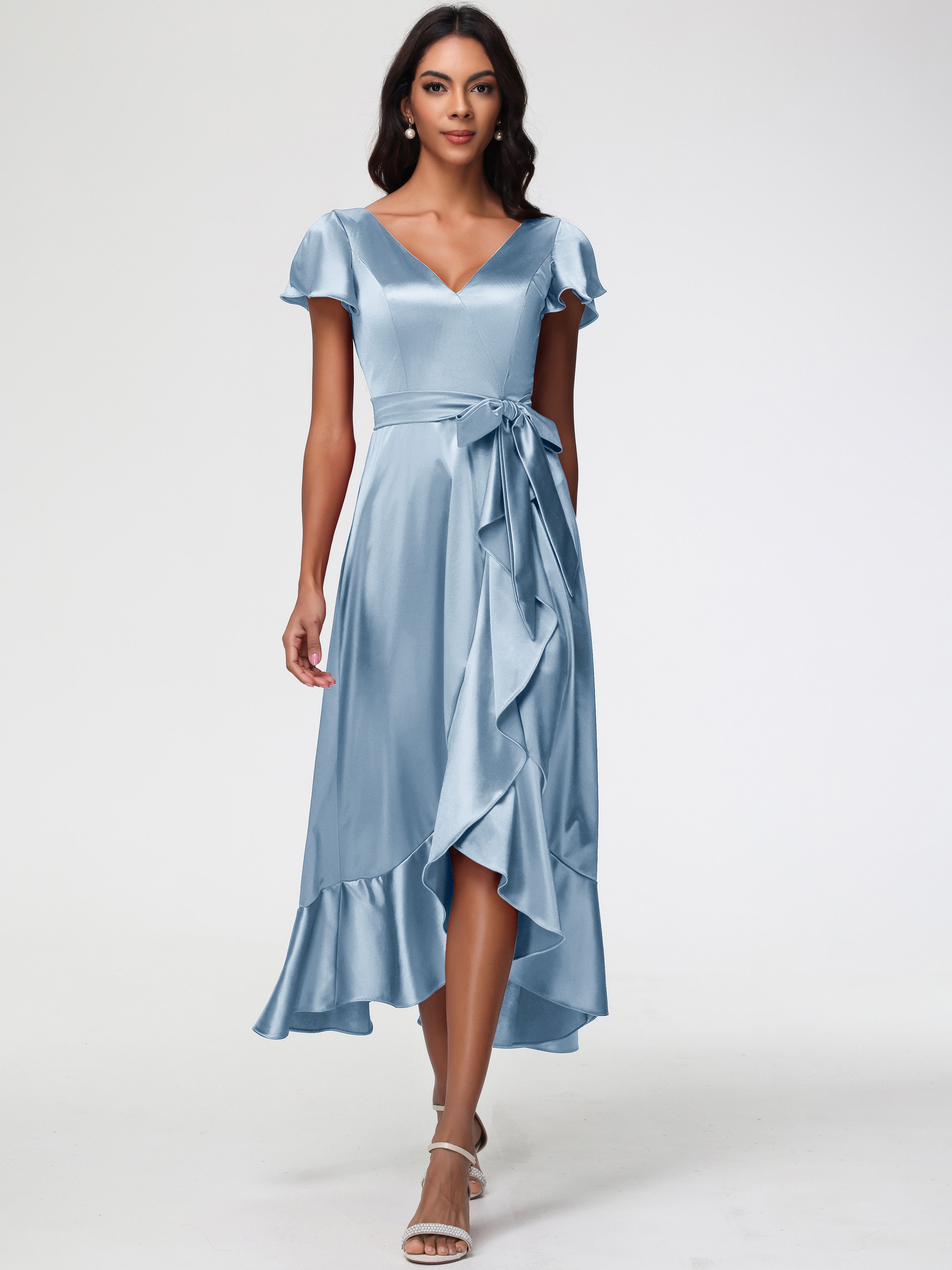 Robe Demoiselle D Honneur Bleu Poussiereux Asymétrique Col V Trapèze Satin Extensible Mi-Longue Robe De Demoiselle D'Honneur
