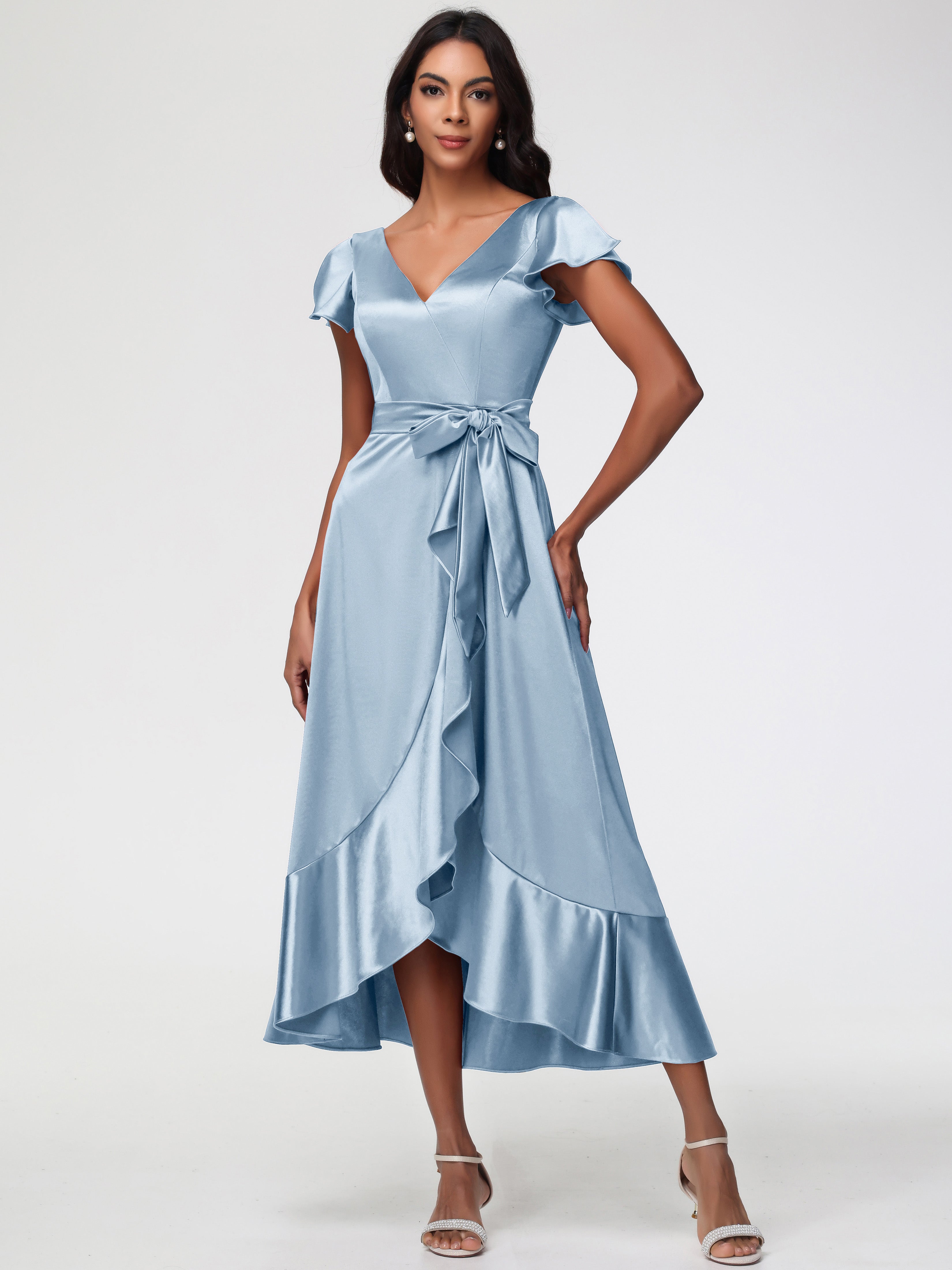 Robe Demoiselle D Honneur Bleu Poussiereux Asymétrique Col V Trapèze Satin Extensible Mi-Longue Robe De Demoiselle D'Honneur
