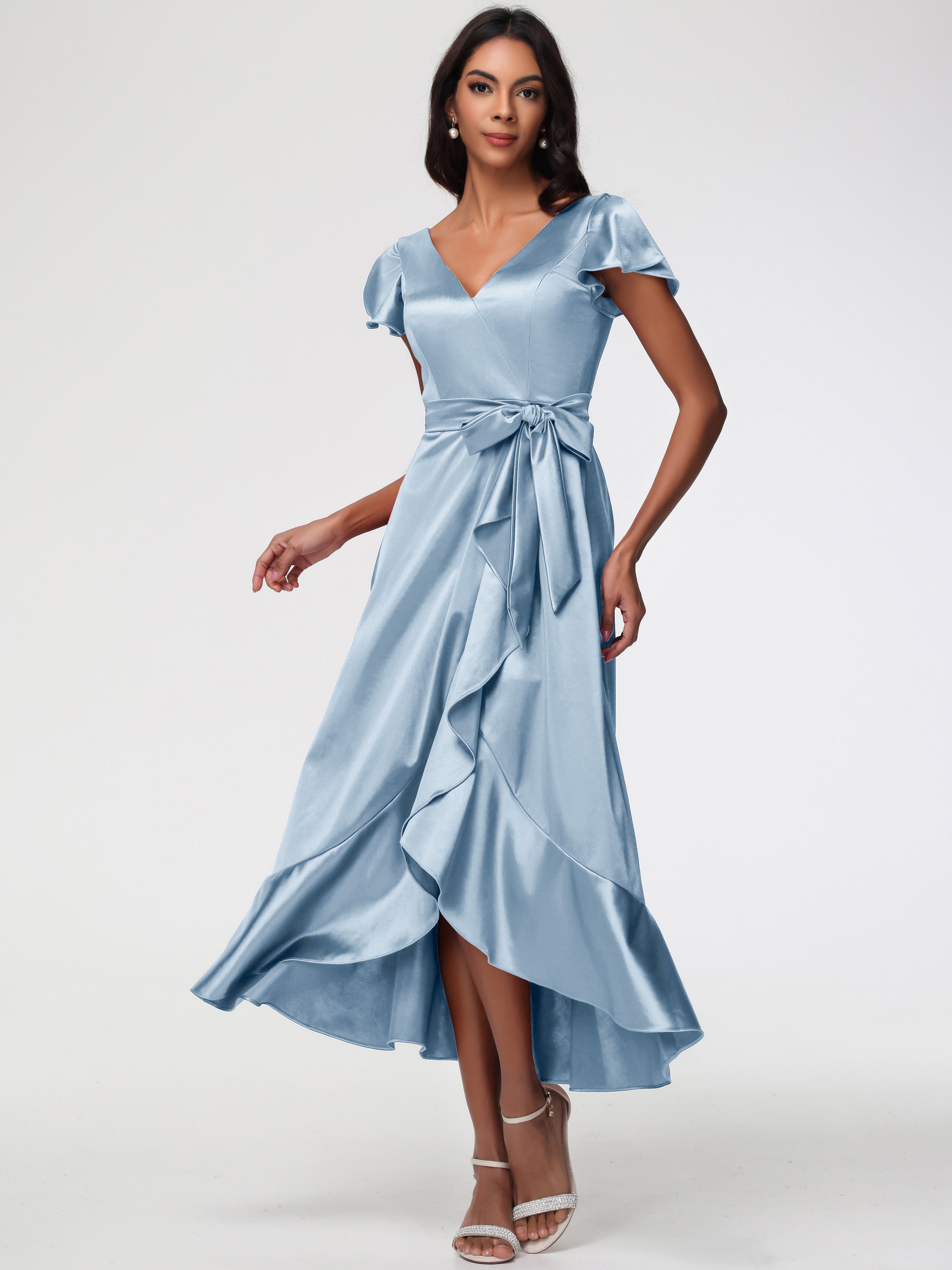 Robe Demoiselle D Honneur Bleu Poussiereux Asymétrique Col V Trapèze Satin Extensible Mi-Longue Robe De Demoiselle D'Honneur