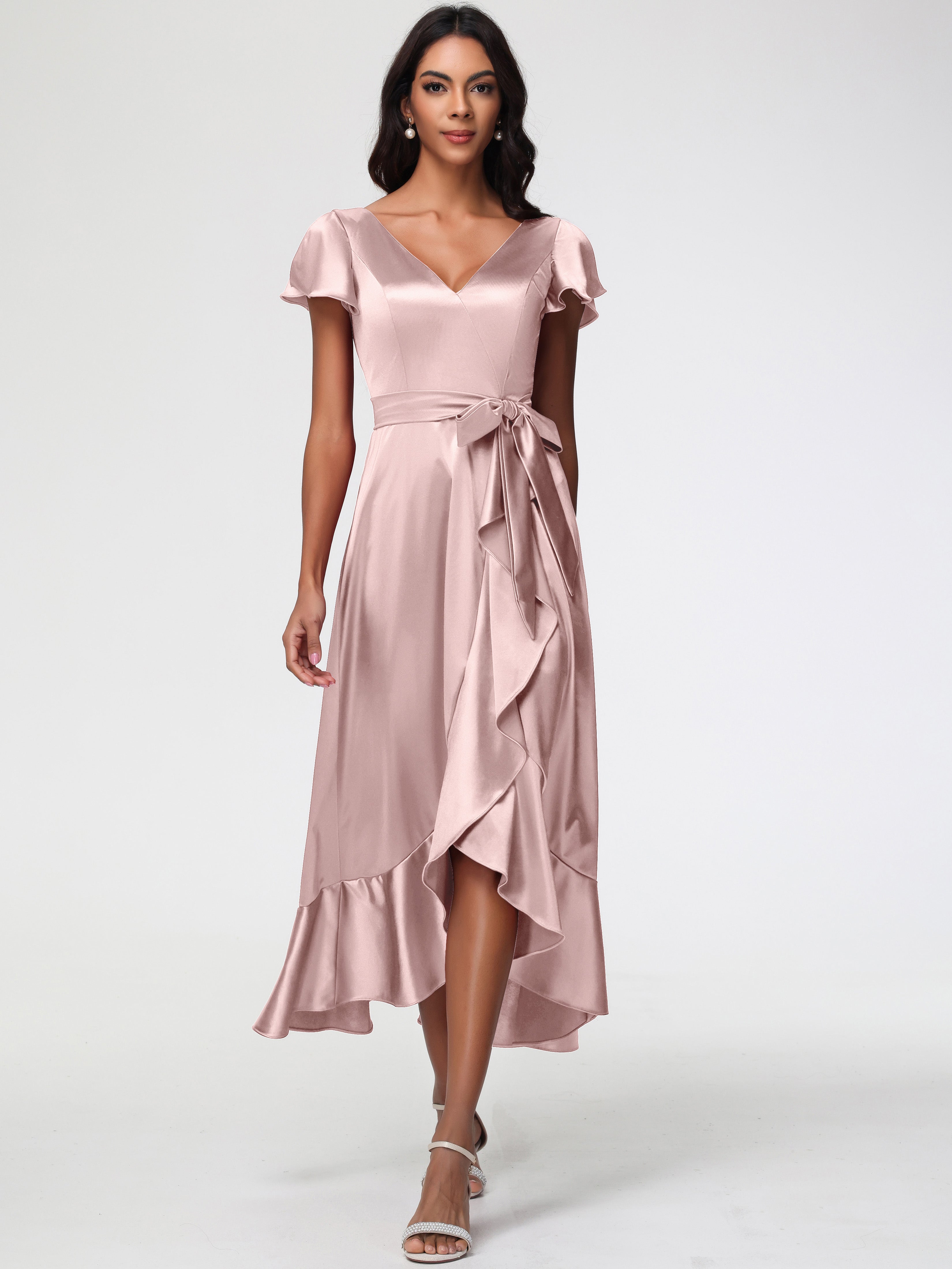 Robe Rose Poudre Demoiselle D Honneur Asymétrique Col V Trapèze Satin Extensible Mi-Longue Robe De Demoiselle D'Honneur