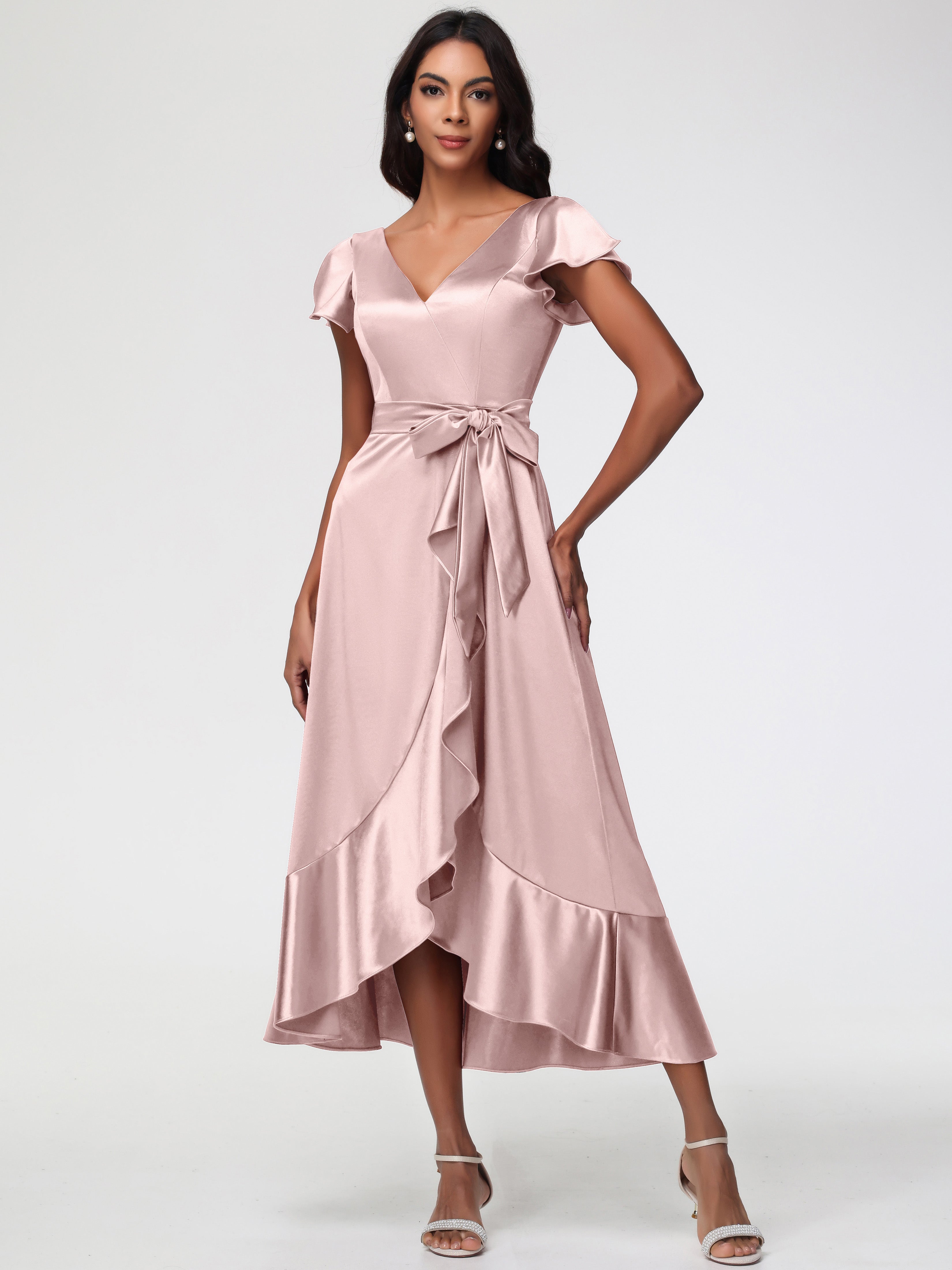 Robe Rose Poudre Demoiselle D Honneur Asymétrique Col V Trapèze Satin Extensible Mi-Longue Robe De Demoiselle D'Honneur