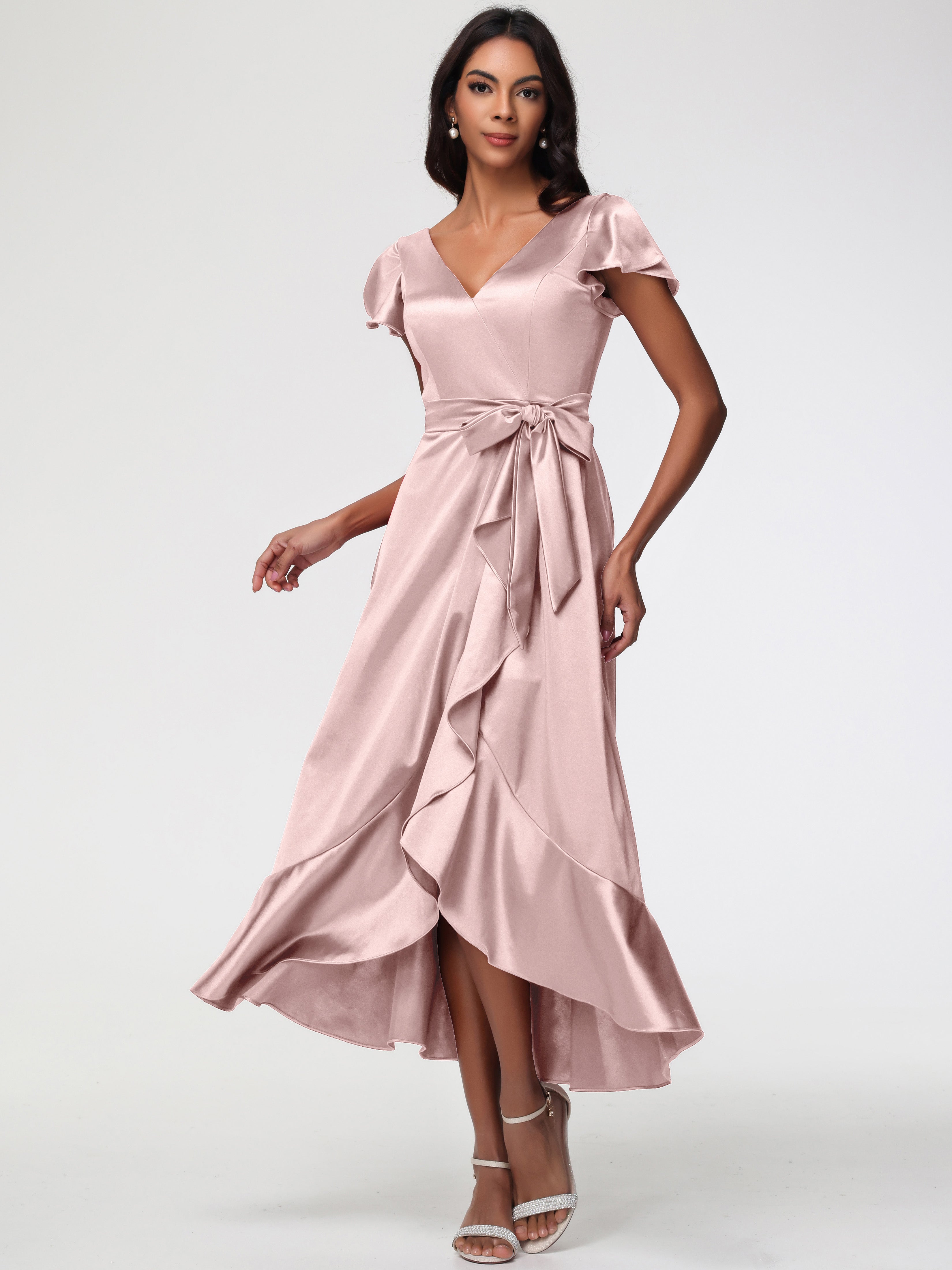 Robe Rose Poudre Demoiselle D Honneur Asymétrique Col V Trapèze Satin Extensible Mi-Longue Robe De Demoiselle D'Honneur