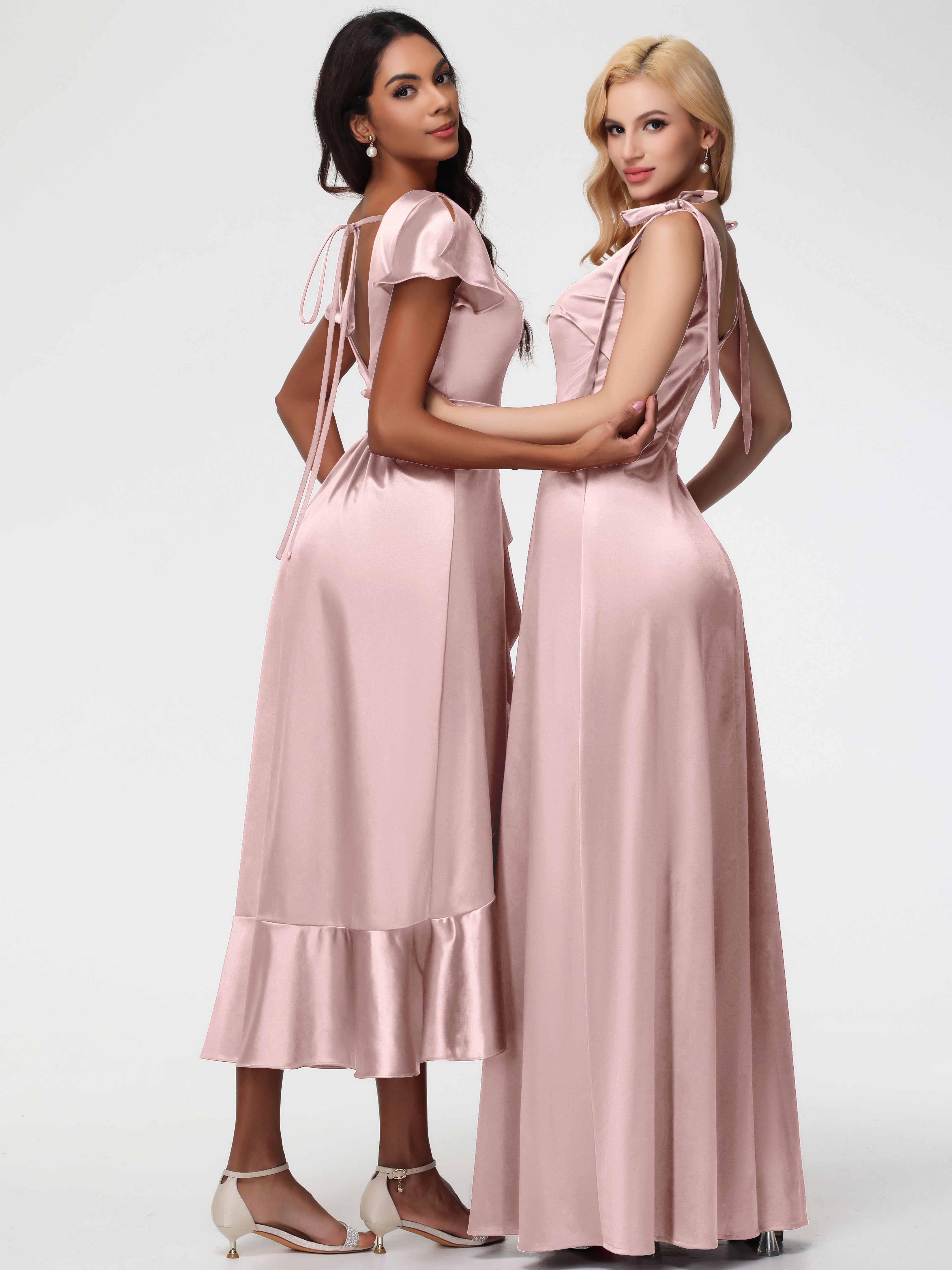 Robe Rose Poudre Demoiselle D Honneur Asymétrique Col V Trapèze Satin Extensible Mi-Longue Robe De Demoiselle D'Honneur