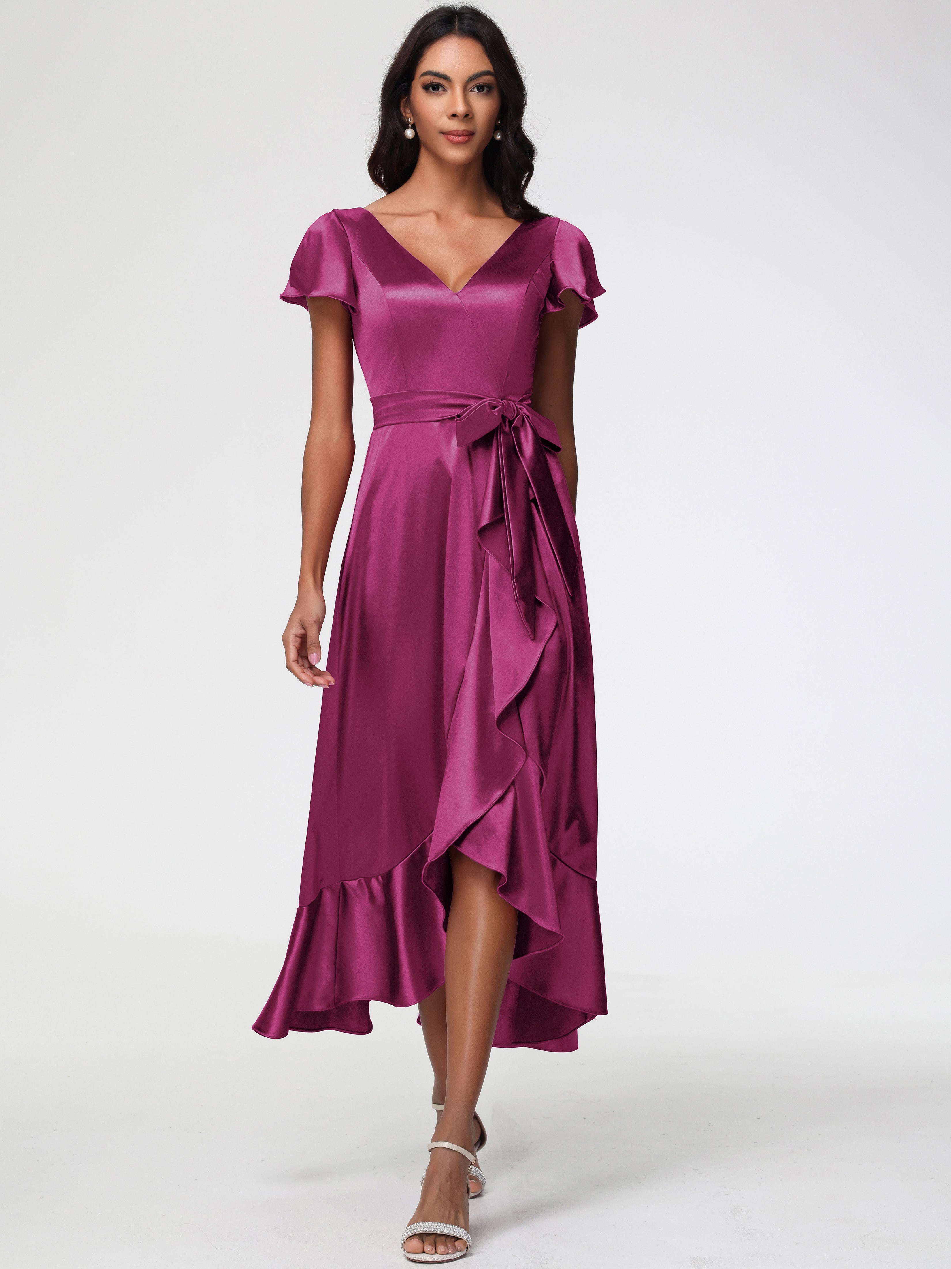 Robes De Demoiselle D'Honneur Couleur Fuchsia Rose Asymétrique Col V Trapèze Satin Extensible Mi-Longue Robe De Demoiselle D'Honneur