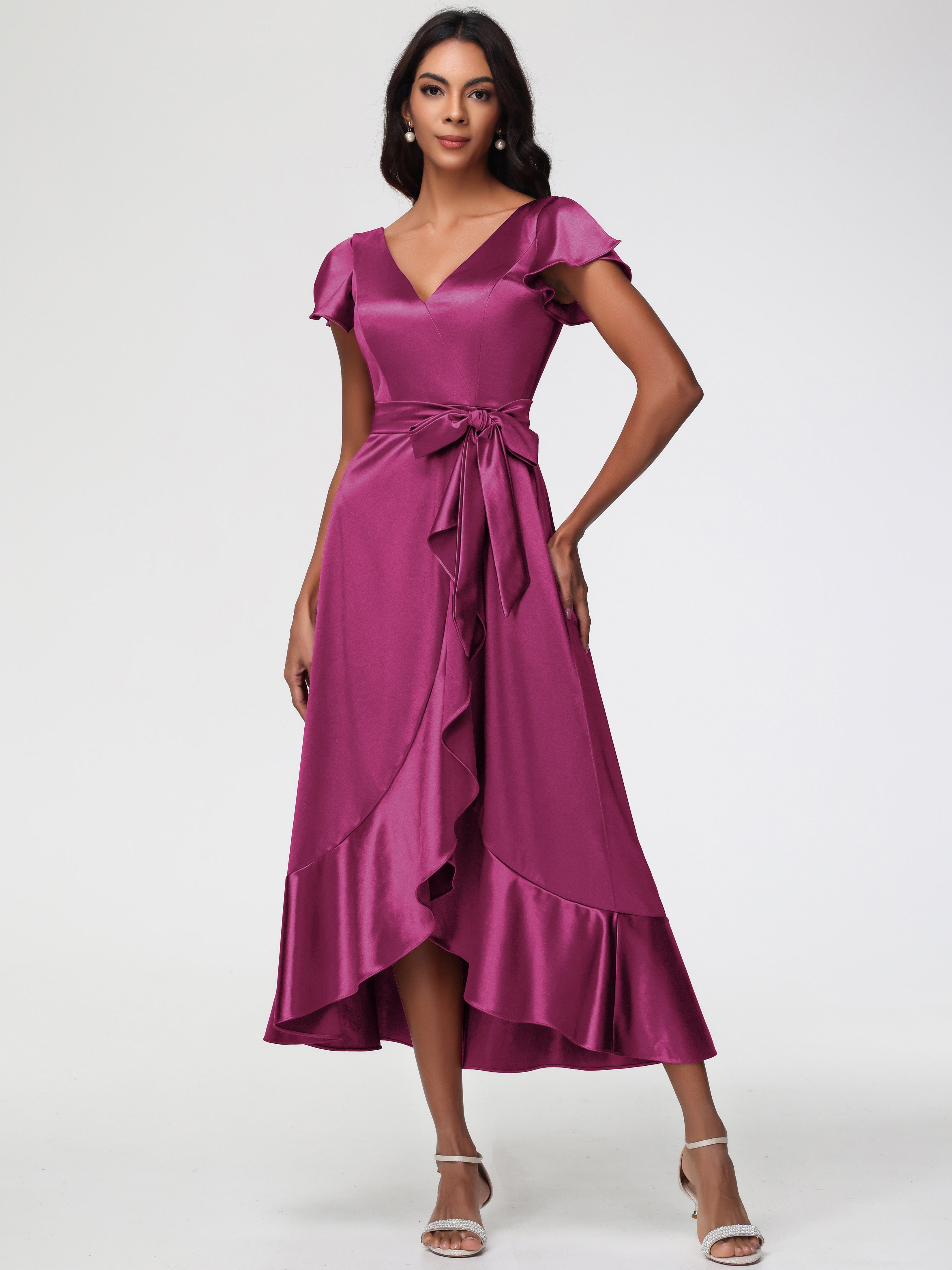 Robes De Demoiselle D'Honneur Couleur Fuchsia Rose Asymétrique Col V Trapèze Satin Extensible Mi-Longue Robe De Demoiselle D'Honneur