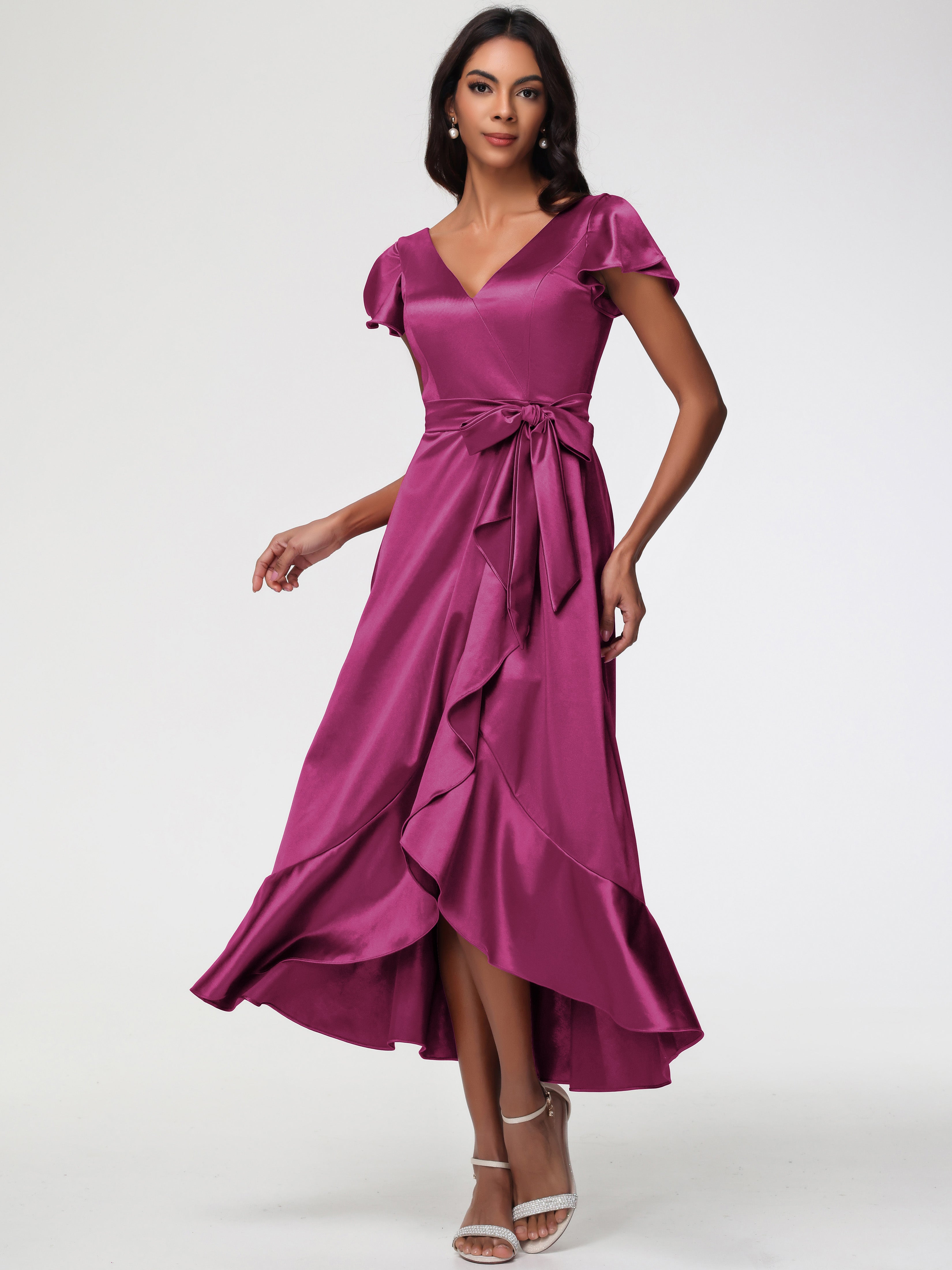 Robes De Demoiselle D'Honneur Couleur Fuchsia Rose Asymétrique Col V Trapèze Satin Extensible Mi-Longue Robe De Demoiselle D'Honneur