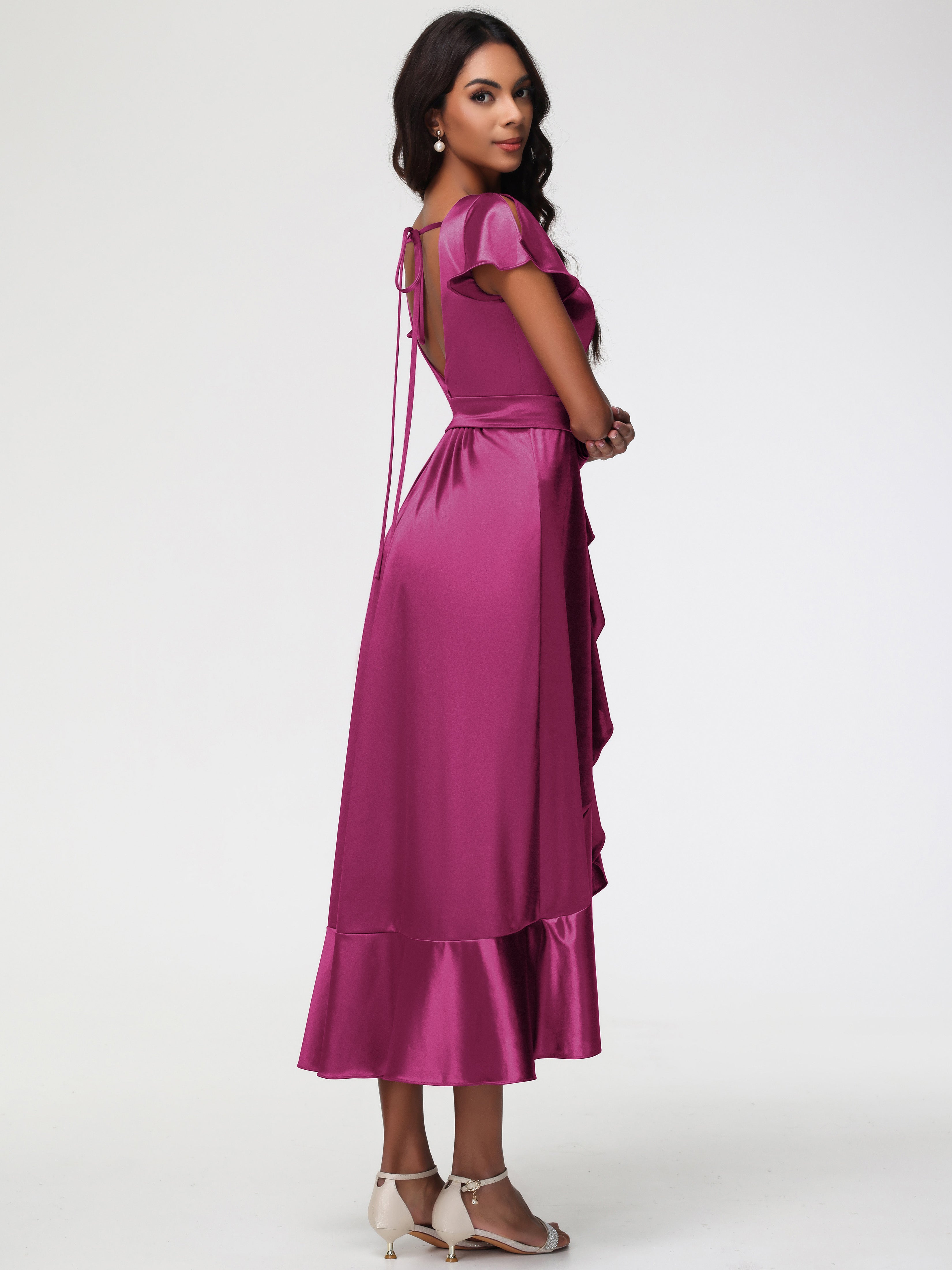 Robes De Demoiselle D'Honneur Couleur Fuchsia Rose Asymétrique Col V Trapèze Satin Extensible Mi-Longue Robe De Demoiselle D'Honneur