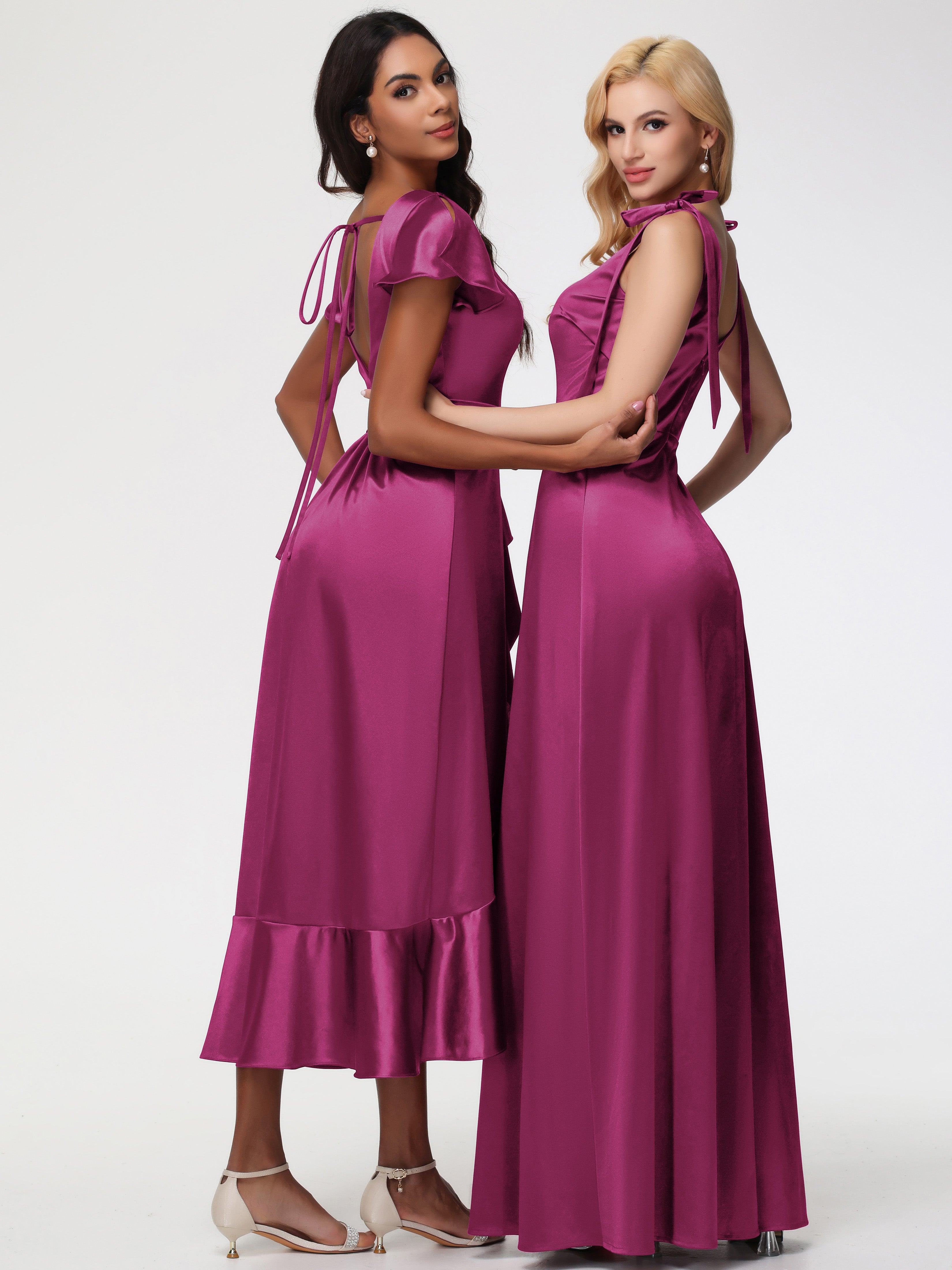Robes De Demoiselle D'Honneur Couleur Fuchsia Rose Asymétrique Col V Trapèze Satin Extensible Mi-Longue Robe De Demoiselle D'Honneur