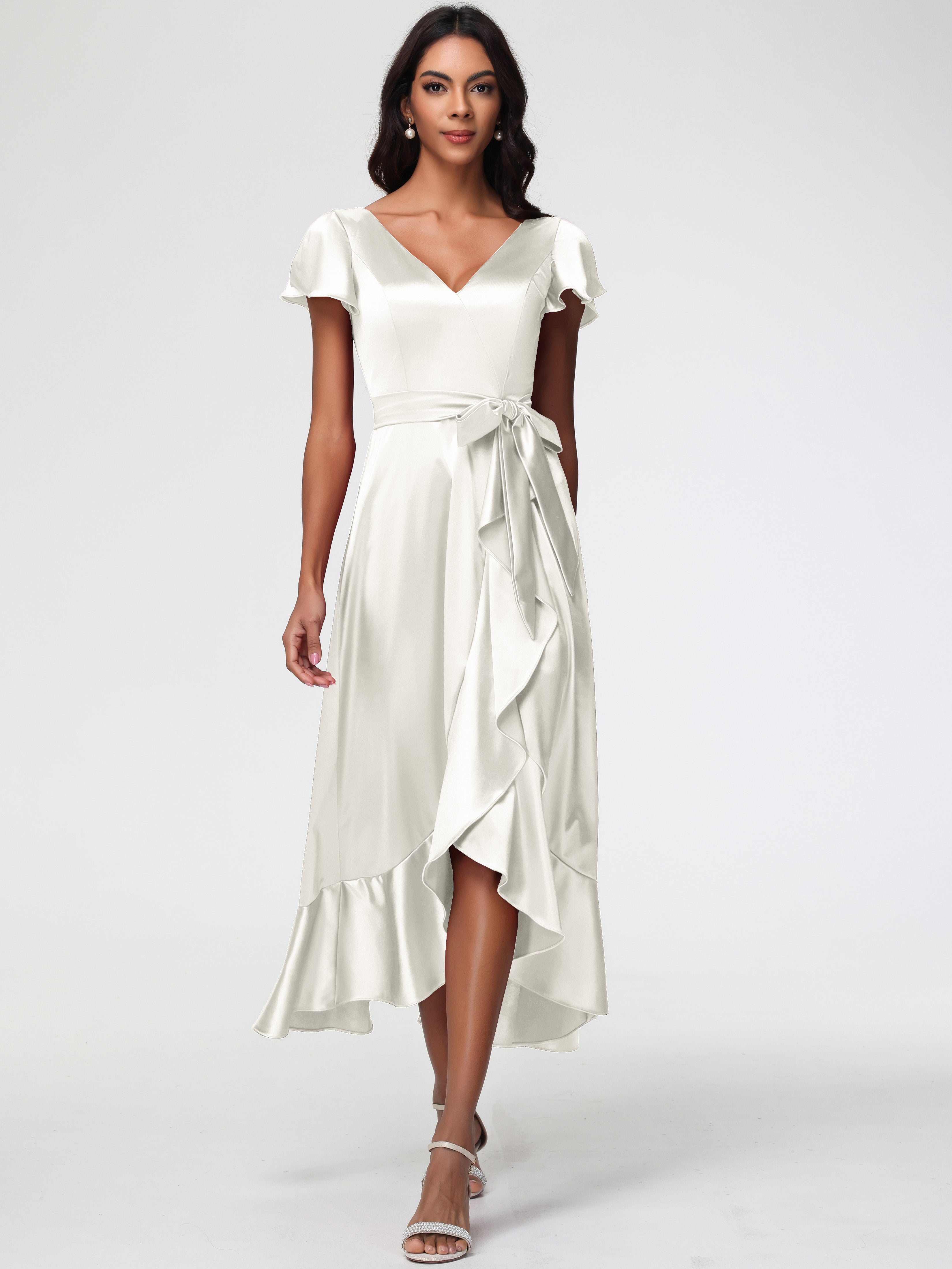 Robes De Demoiselle D'Honneur Ivoire Asymétrique Col V Trapèze Satin Extensible Mi-Longue Robe De Demoiselle D'Honneur