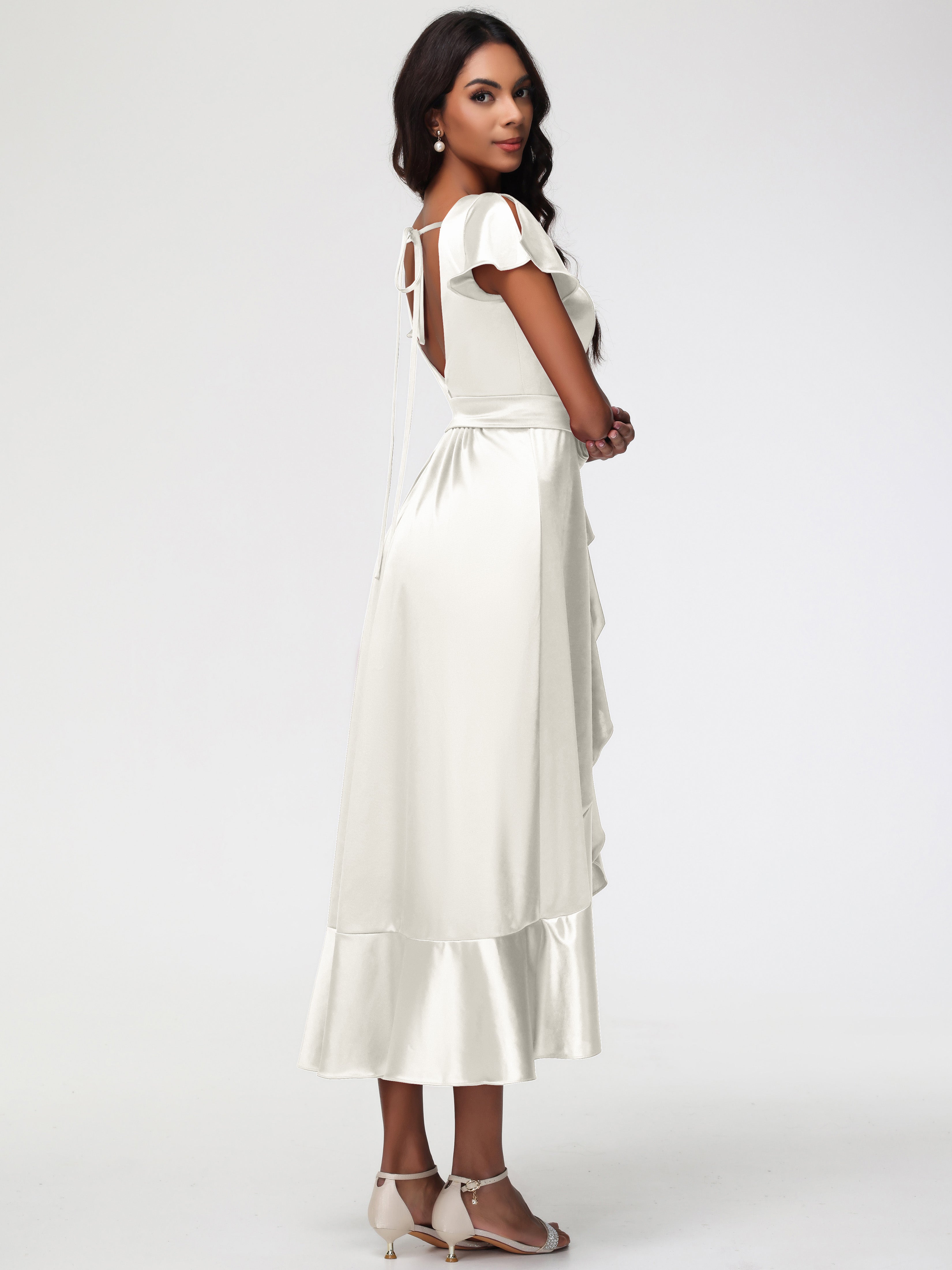 Robes De Demoiselle D'Honneur Ivoire Asymétrique Col V Trapèze Satin Extensible Mi-Longue Robe De Demoiselle D'Honneur