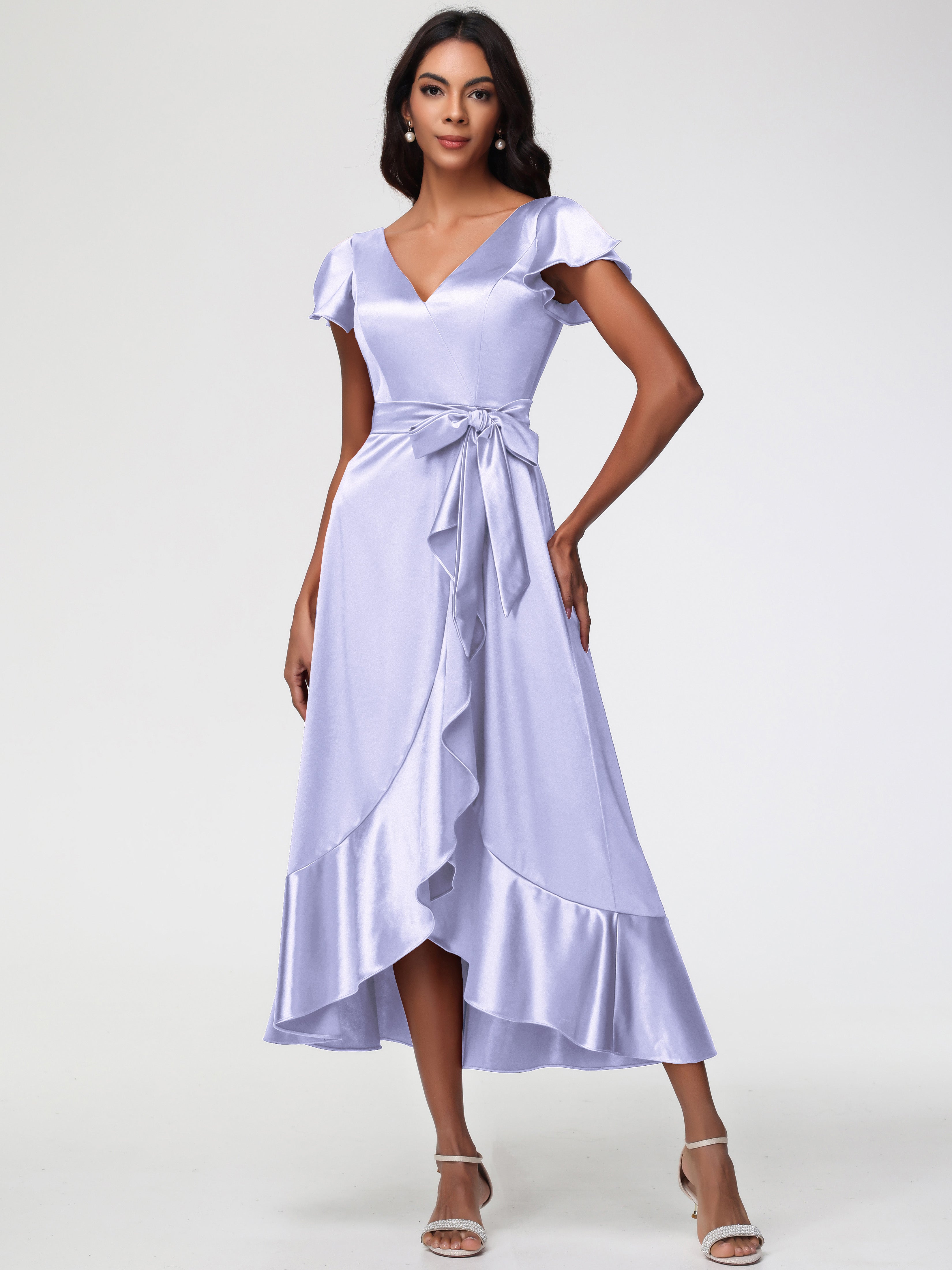 Robe Demoiselle D Honneur Lavande Asymétrique Col V Trapèze Satin Extensible Mi-Longue Robe De Demoiselle D'Honneur