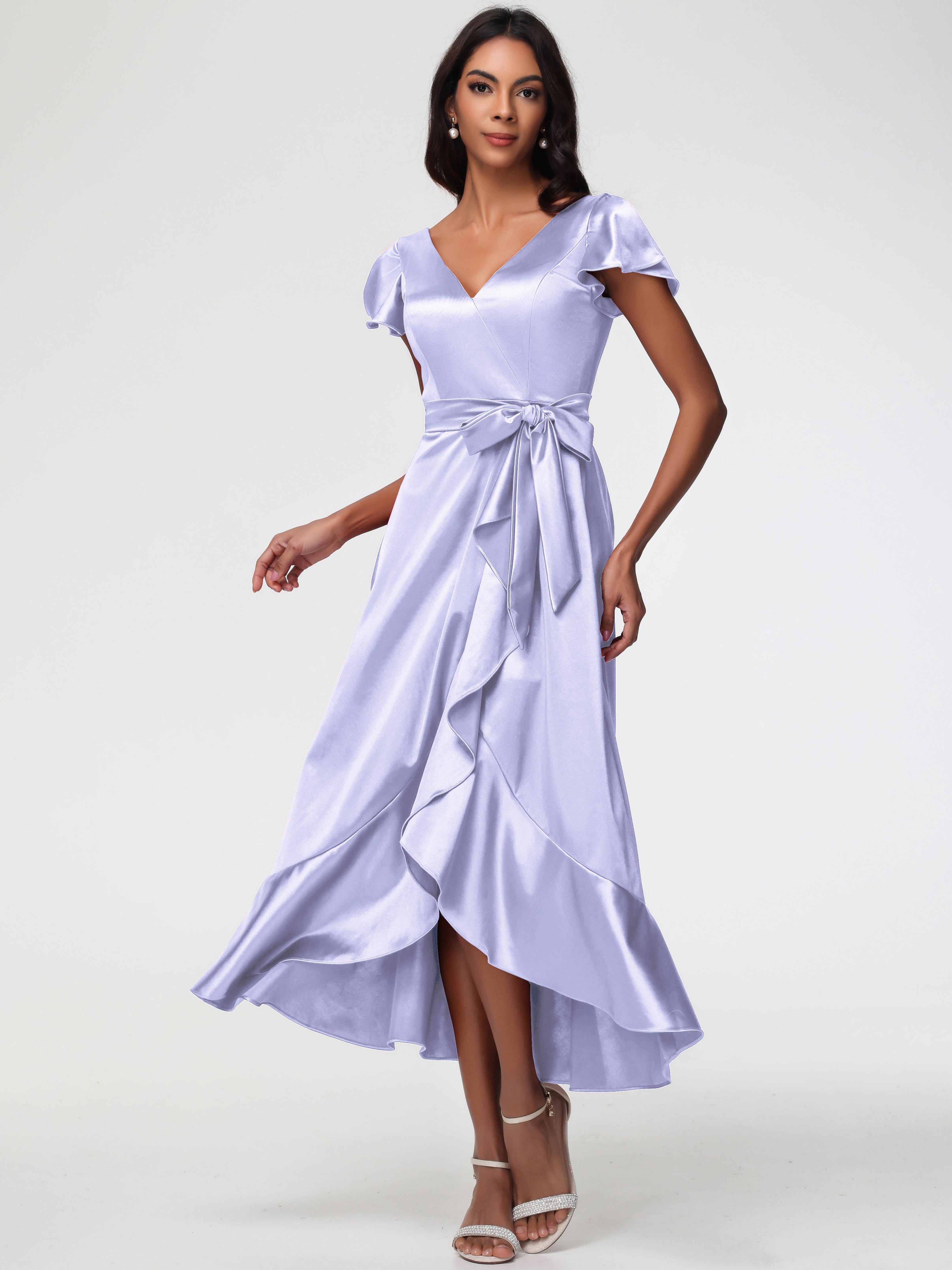 Robe Demoiselle D Honneur Lavande Asymétrique Col V Trapèze Satin Extensible Mi-Longue Robe De Demoiselle D'Honneur