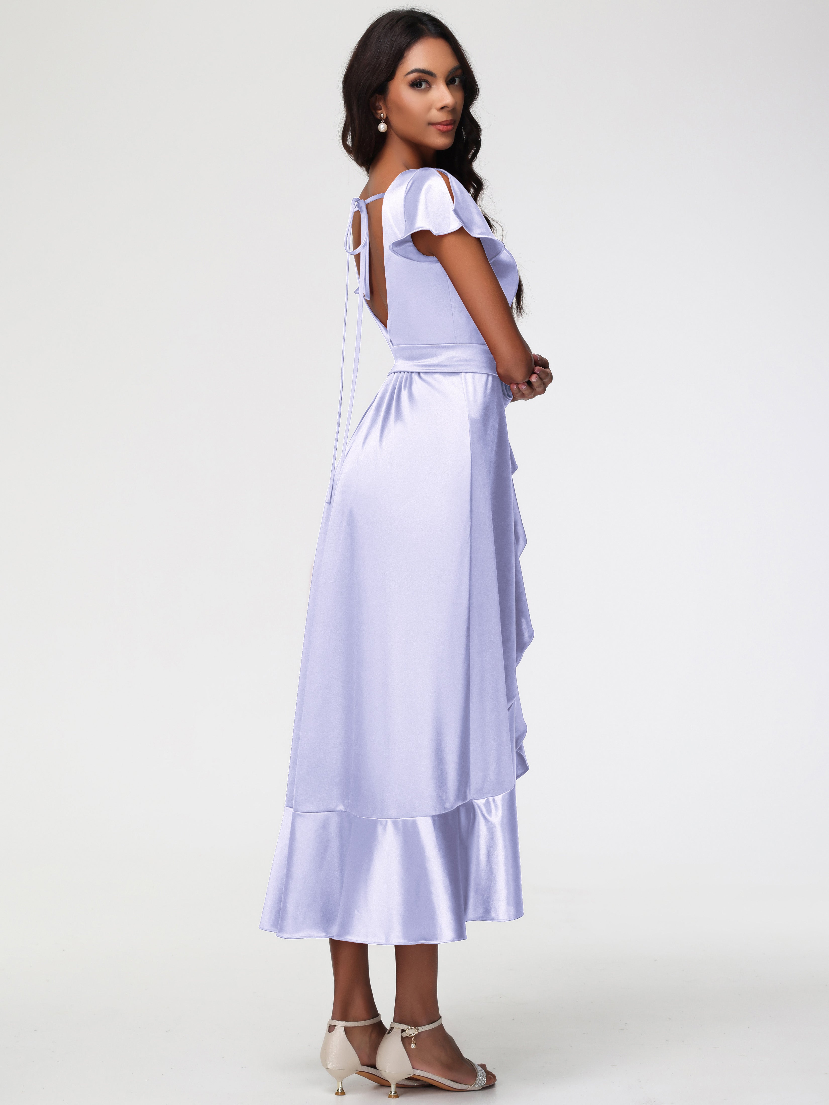 Robe Demoiselle D Honneur Lavande Asymétrique Col V Trapèze Satin Extensible Mi-Longue Robe De Demoiselle D'Honneur