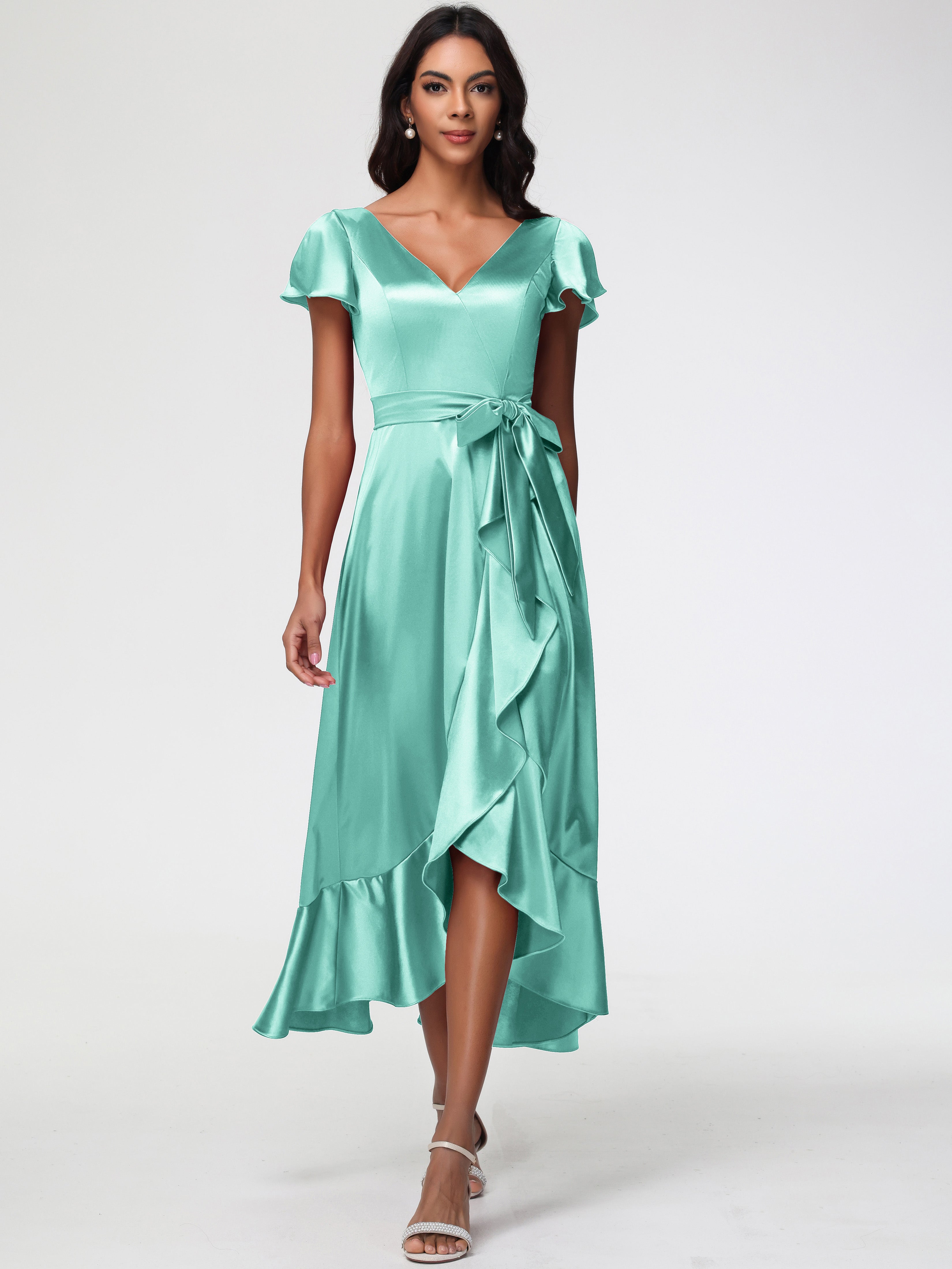 Robe Demoiselle D Honneur Vert Menthe Asymétrique Col V Trapèze Satin Extensible Mi-Longue