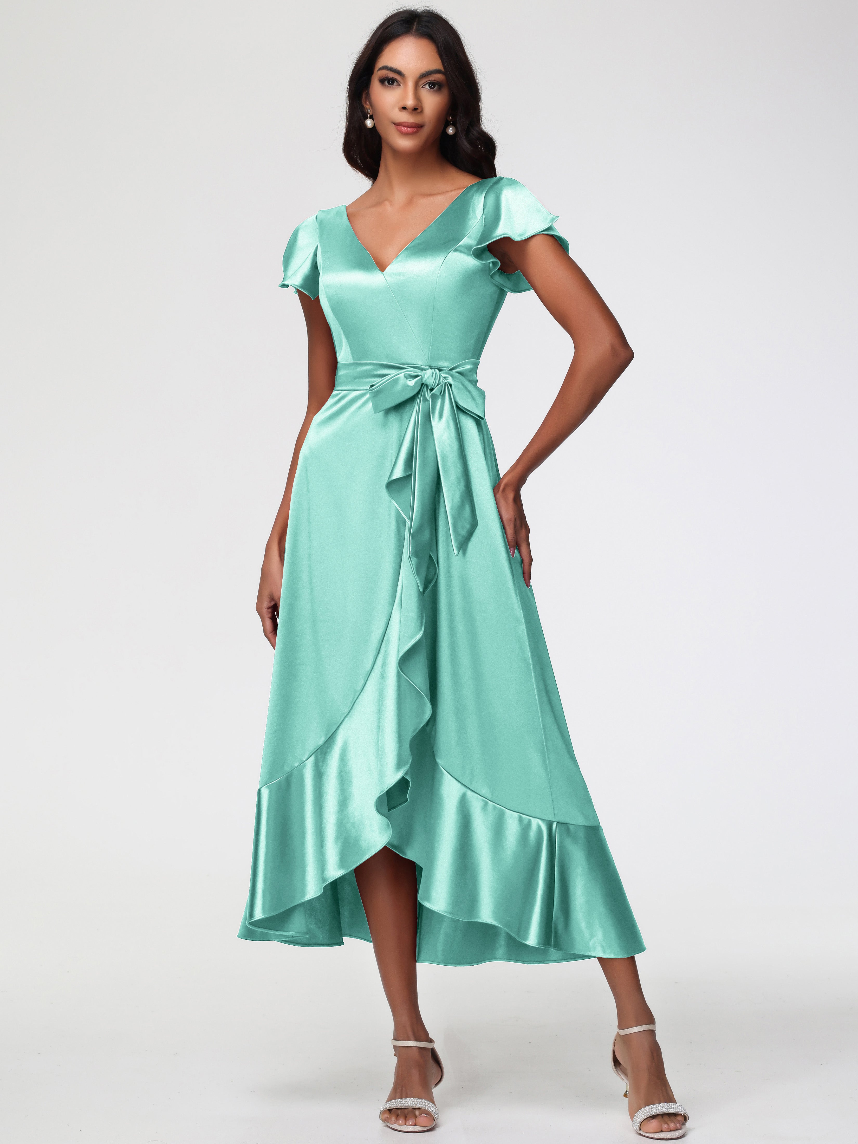 Robe Demoiselle D Honneur Vert Menthe Asymétrique Col V Trapèze Satin Extensible Mi-Longue