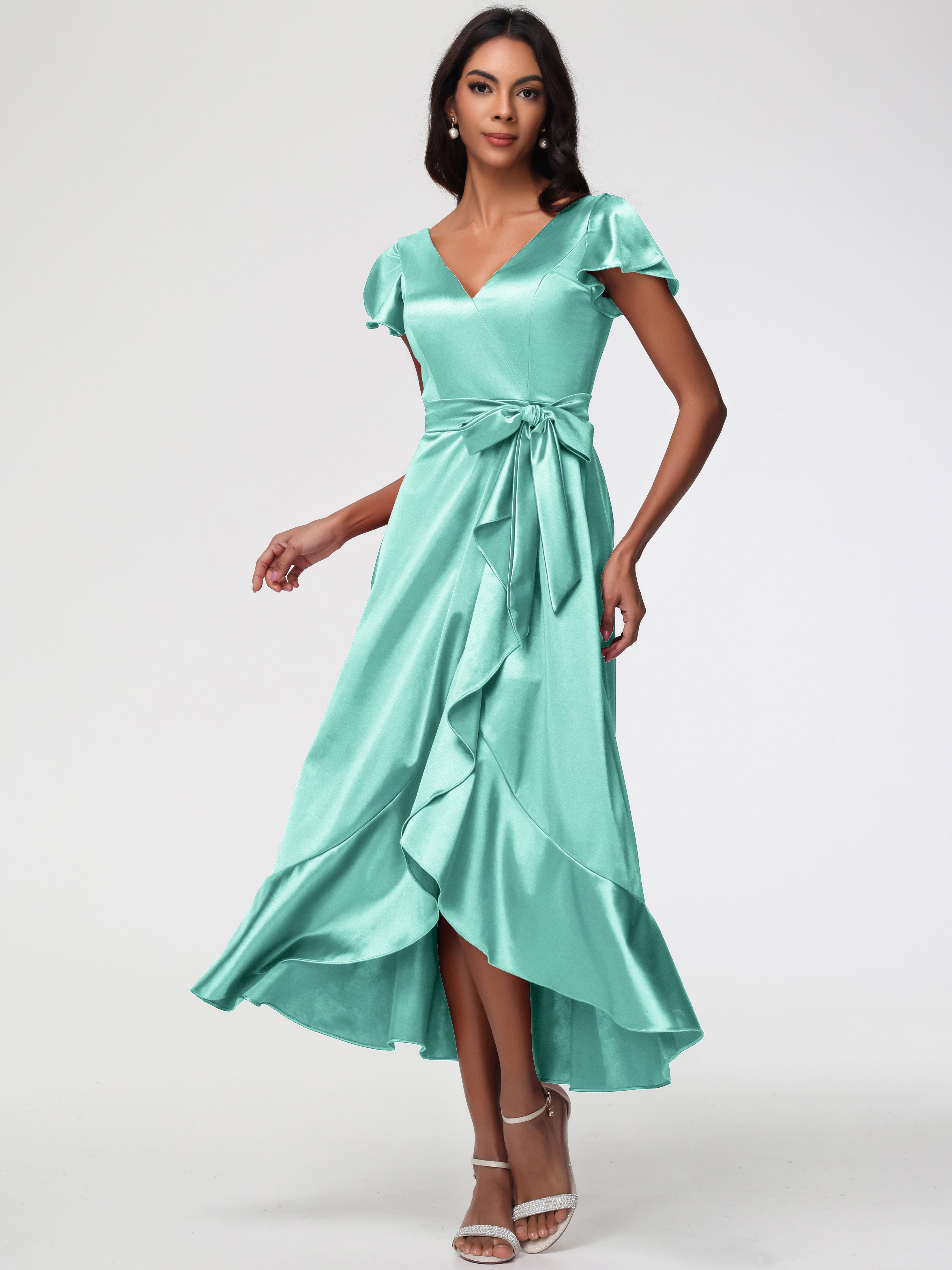 Robe Demoiselle D Honneur Vert Menthe Asymétrique Col V Trapèze Satin Extensible Mi-Longue