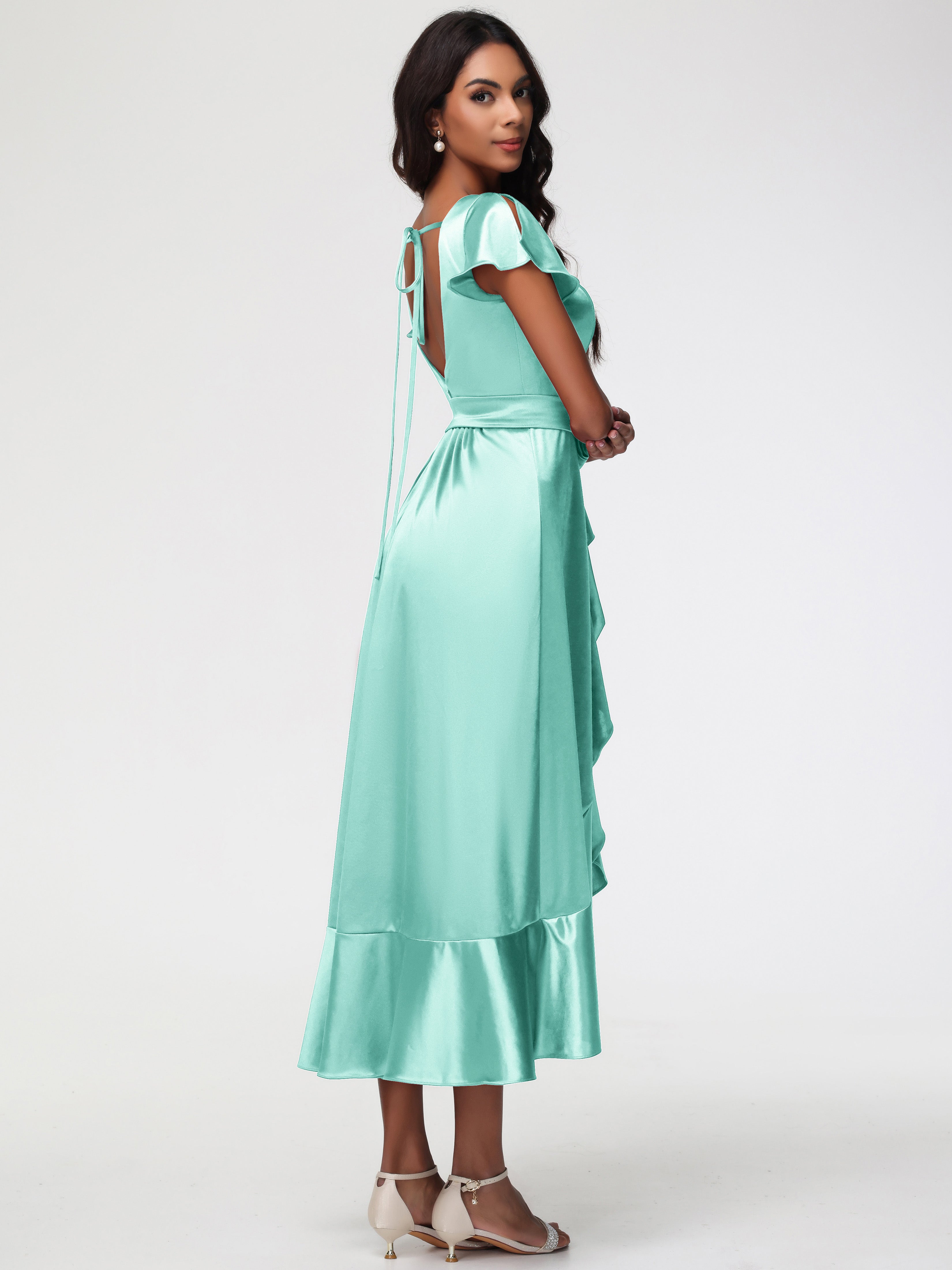Robe Demoiselle D Honneur Vert Menthe Asymétrique Col V Trapèze Satin Extensible Mi-Longue