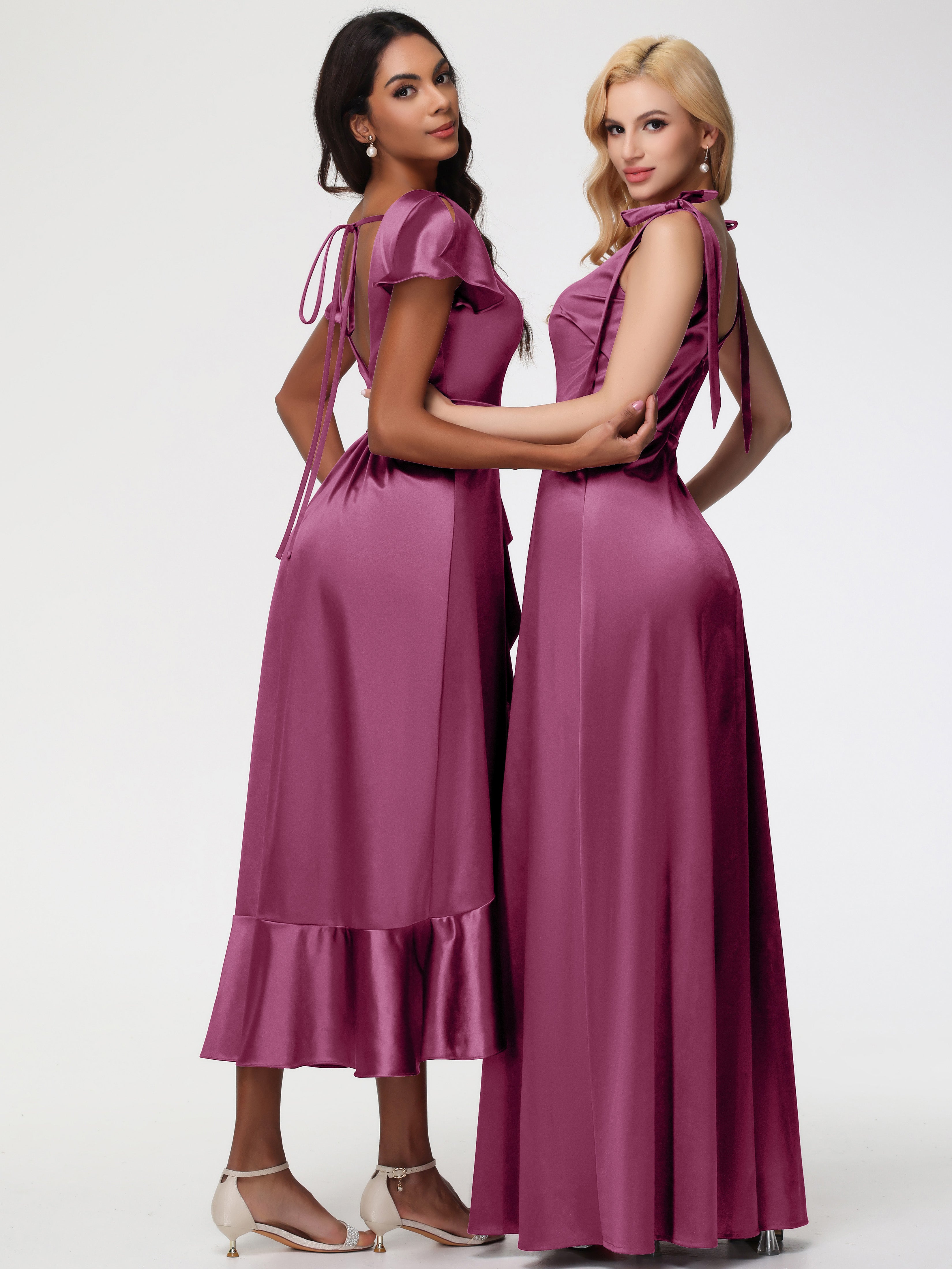 Robes De Demoiselle D'Honneur Mure Asymétrique Col V Trapèze Satin Extensible Mi-Longue Robe De Demoiselle D'Honneur