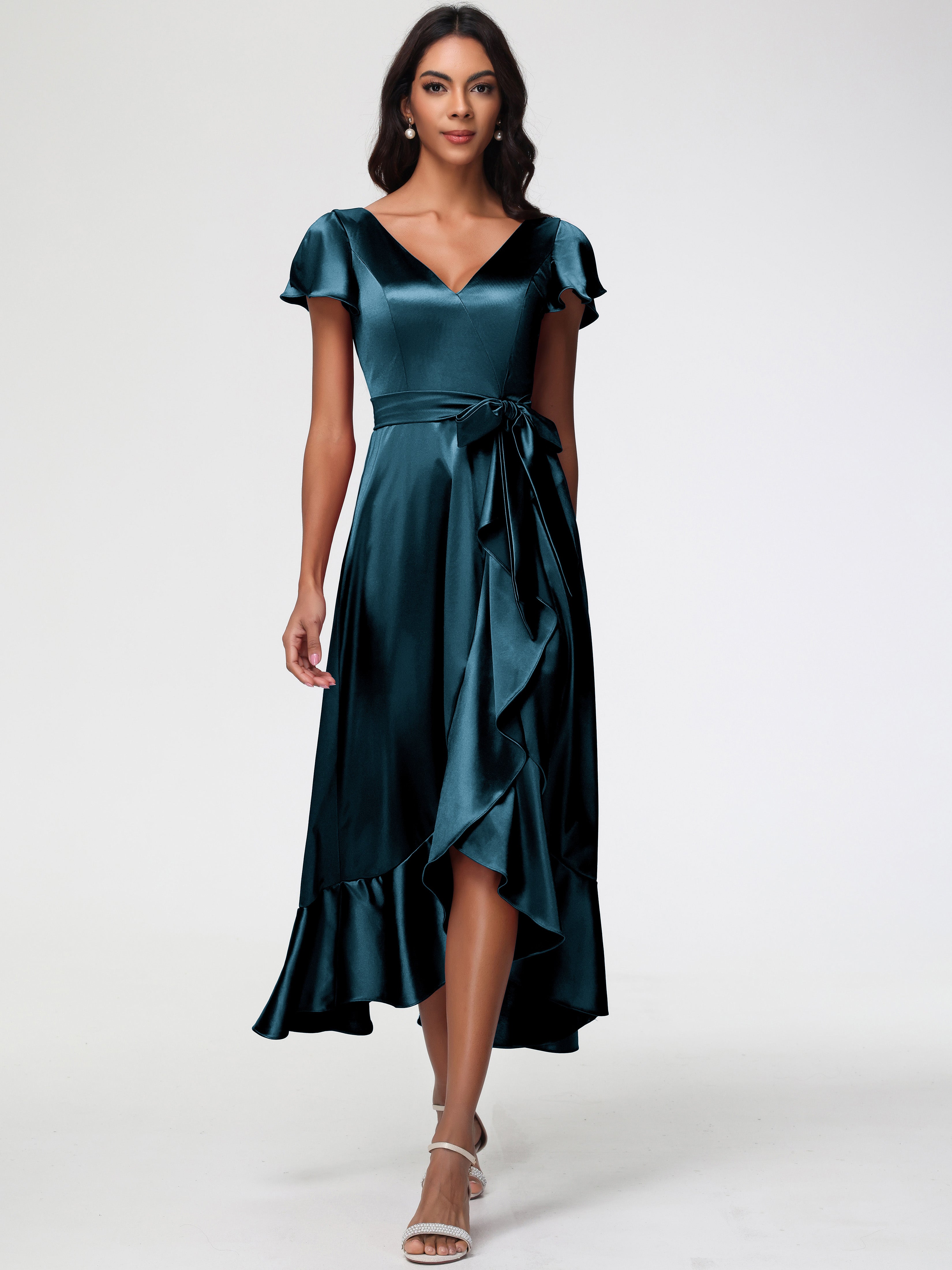 Robes De Demoiselle D'Honneur Couleur Paon Bon Marché Asymétrique Col V Trapèze Satin Extensible Mi-Longue Robe De Demoiselle D'Honneur
