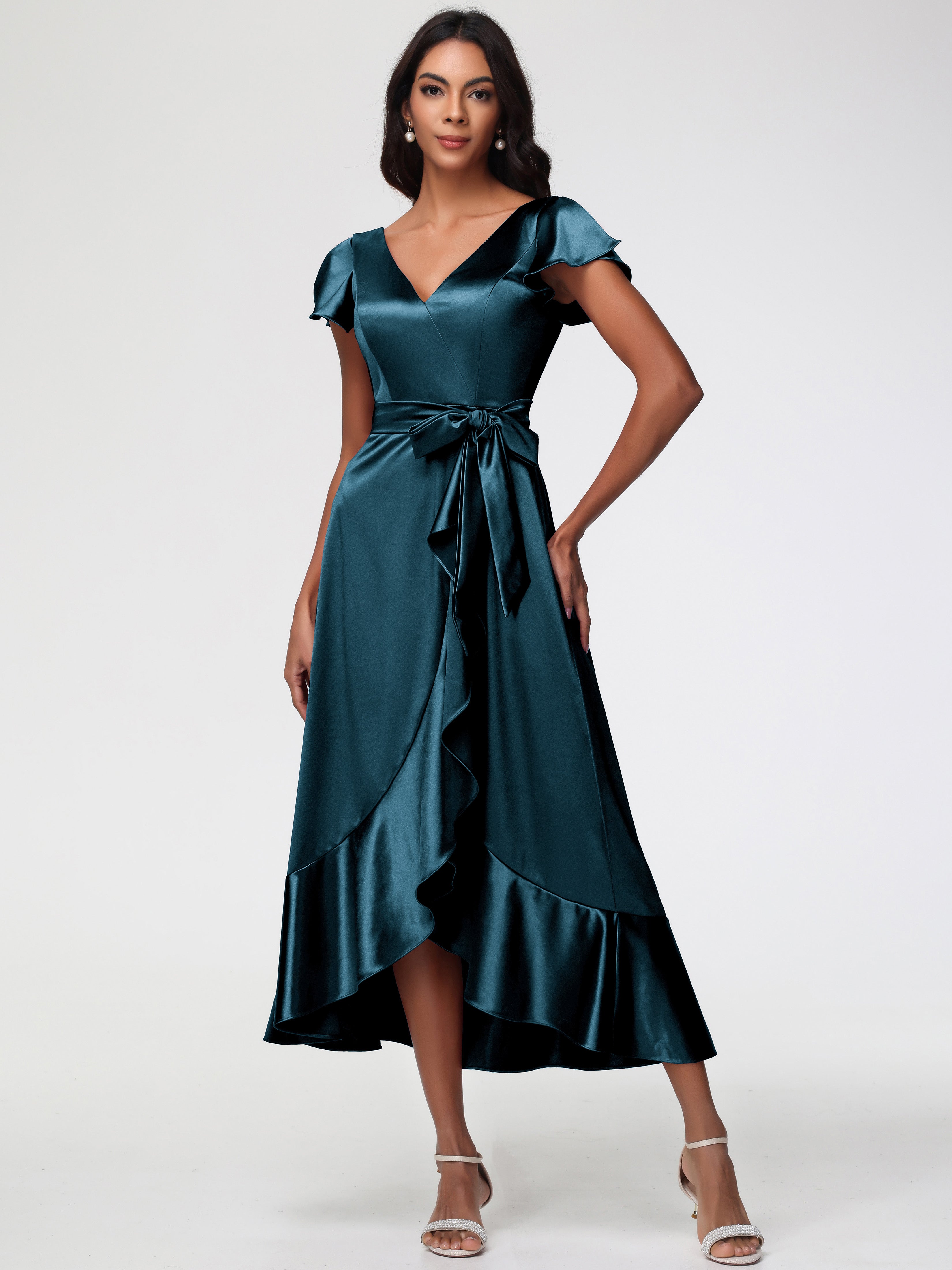 Robes De Demoiselle D'Honneur Couleur Paon Bon Marché Asymétrique Col V Trapèze Satin Extensible Mi-Longue Robe De Demoiselle D'Honneur