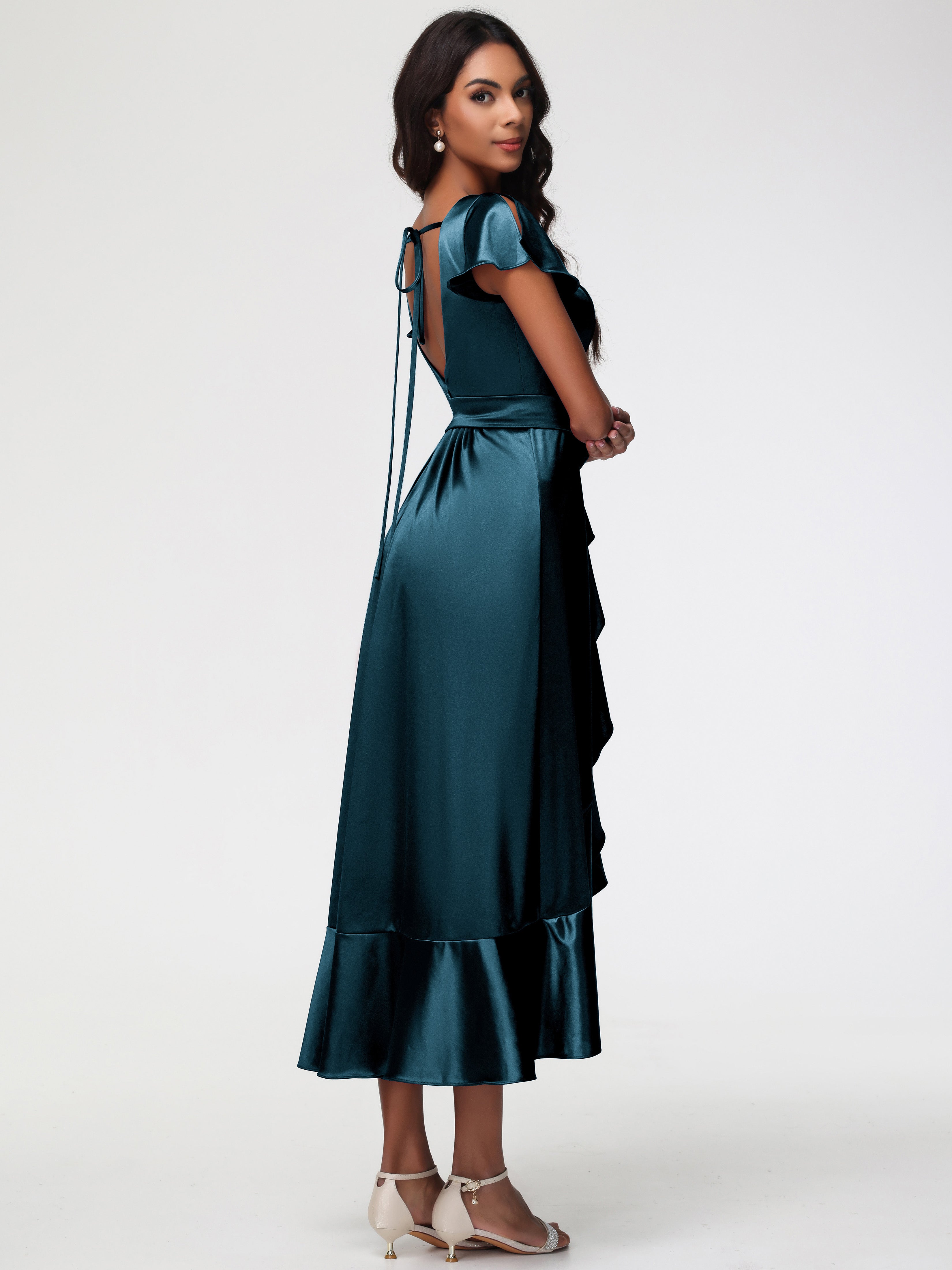 Robes De Demoiselle D'Honneur Couleur Paon Bon Marché Asymétrique Col V Trapèze Satin Extensible Mi-Longue Robe De Demoiselle D'Honneur