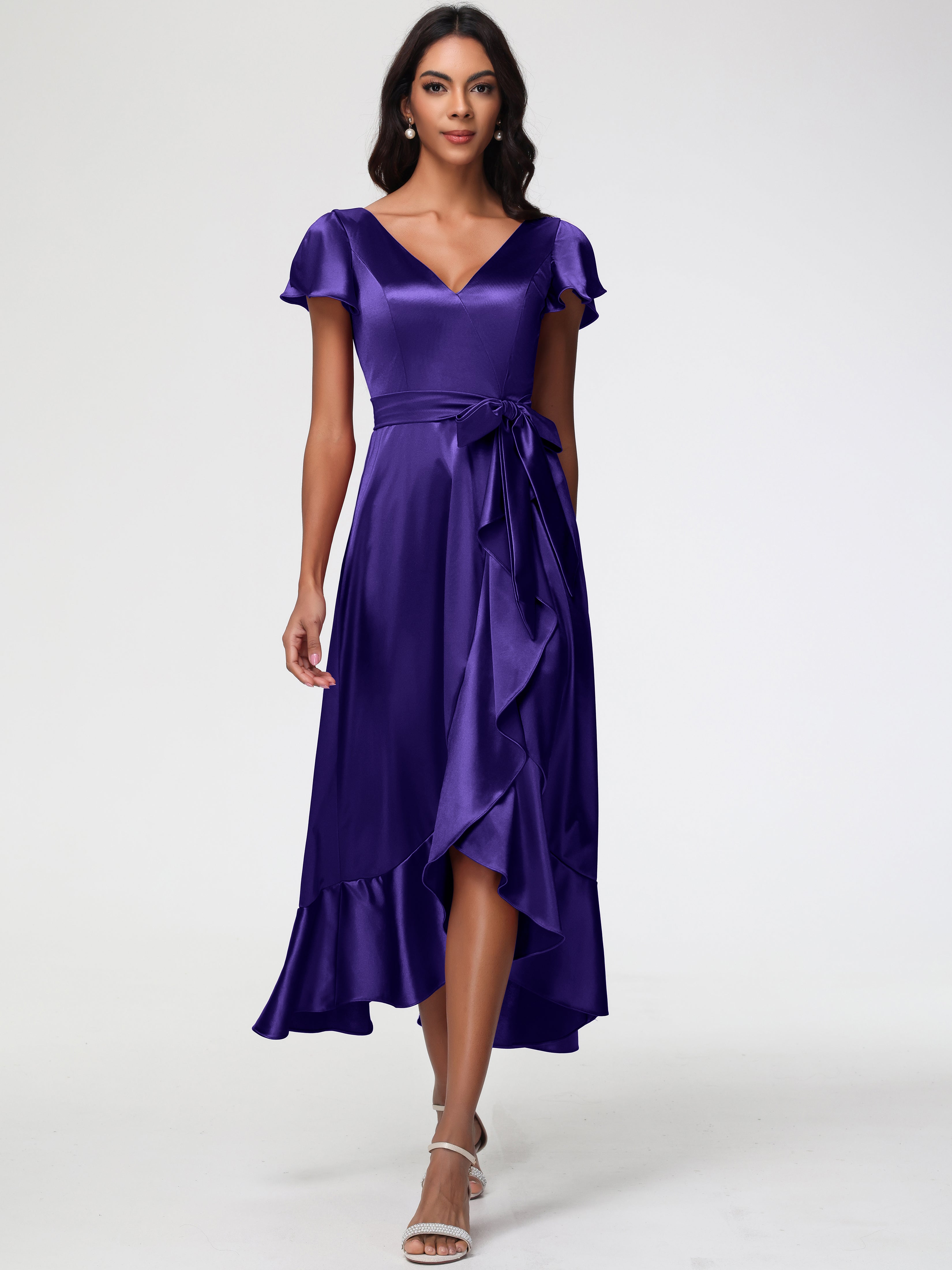 Robes De Demoiselle D'Honneur En Régence Asymétrique Col V Trapèze Satin Extensible Mi-Longue Robe De Demoiselle D'Honneur