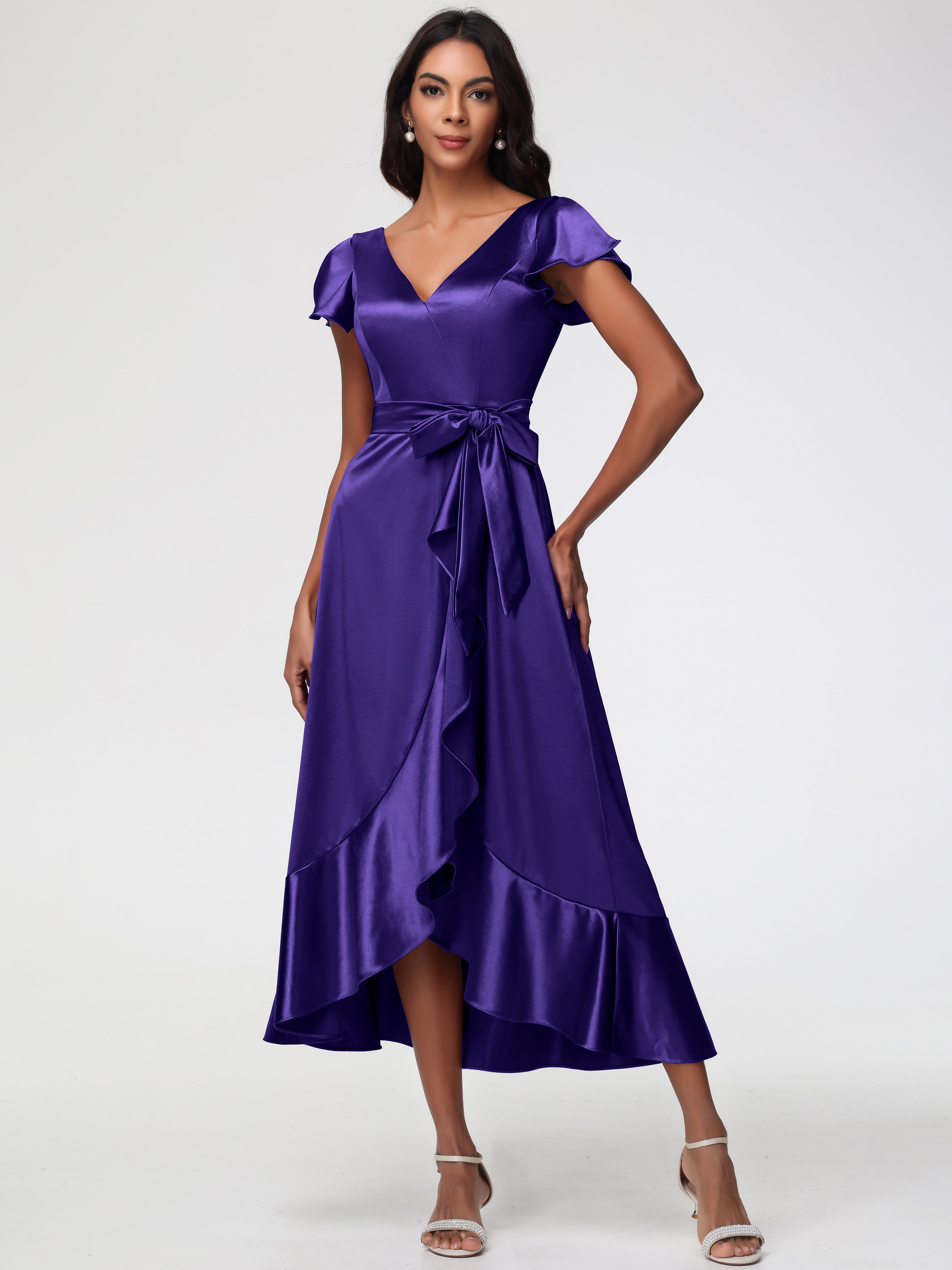 Robes De Demoiselle D'Honneur En Régence Asymétrique Col V Trapèze Satin Extensible Mi-Longue Robe De Demoiselle D'Honneur