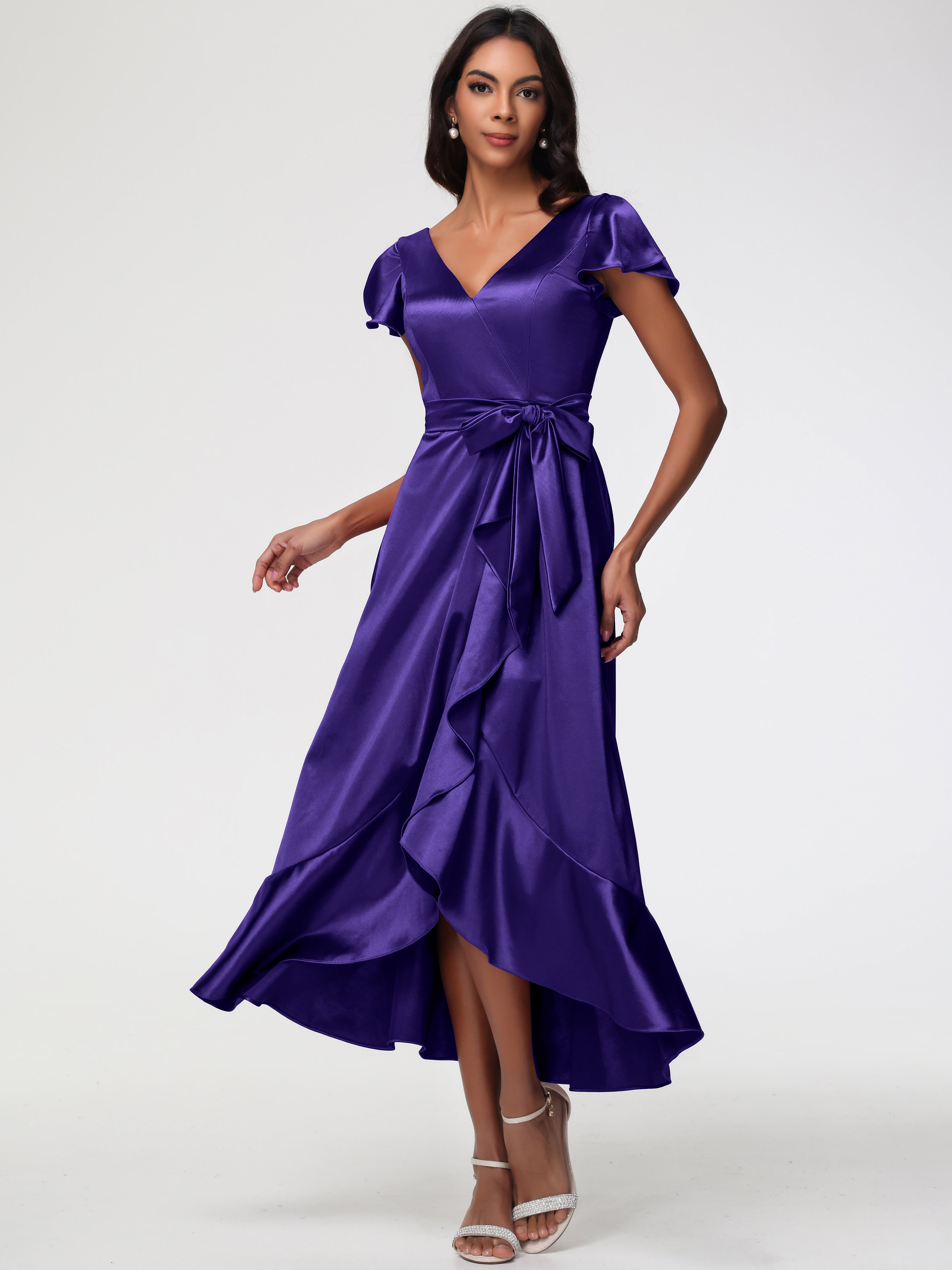 Robes De Demoiselle D'Honneur En Régence Asymétrique Col V Trapèze Satin Extensible Mi-Longue Robe De Demoiselle D'Honneur