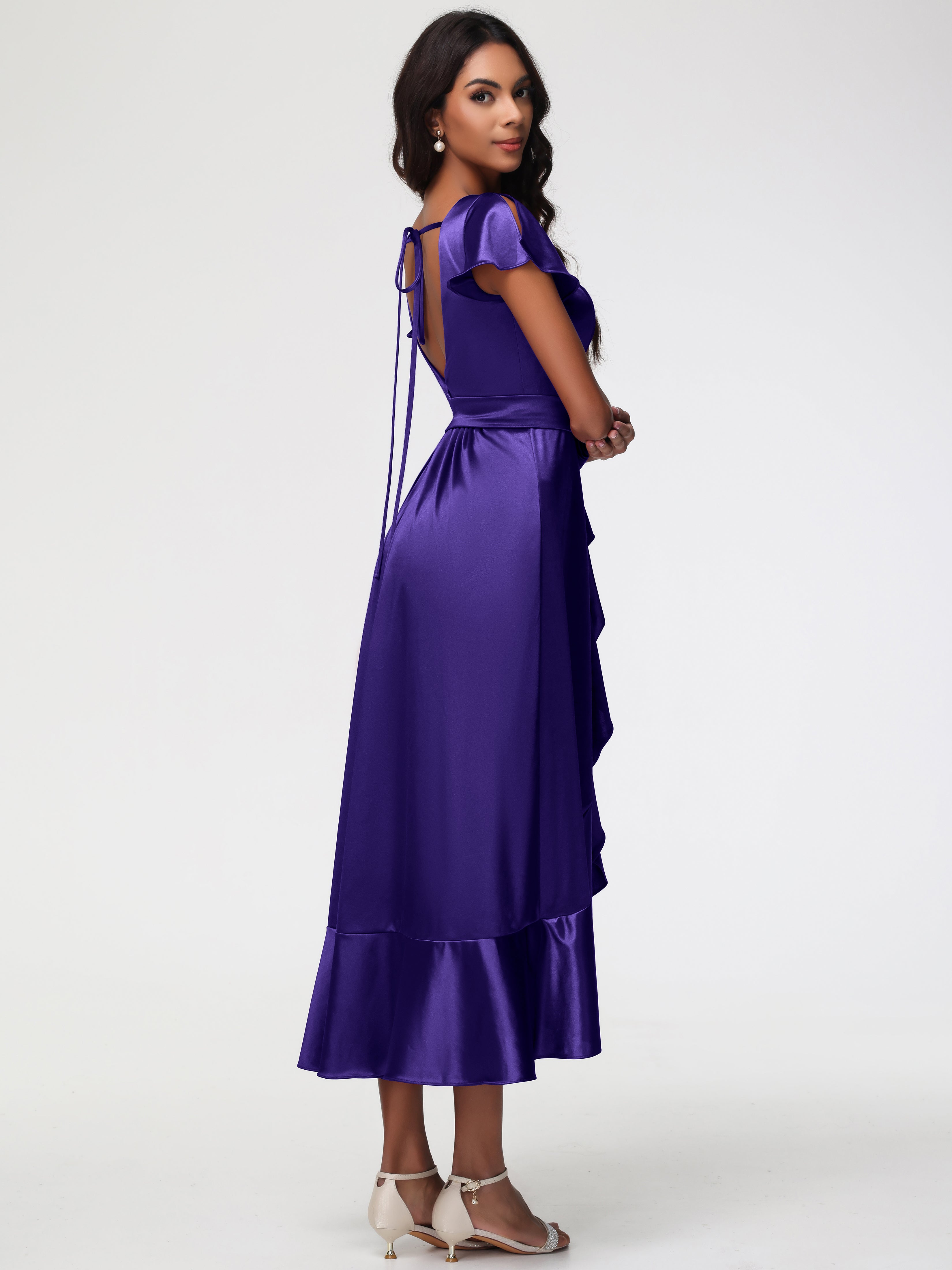 Robes De Demoiselle D'Honneur En Régence Asymétrique Col V Trapèze Satin Extensible Mi-Longue Robe De Demoiselle D'Honneur