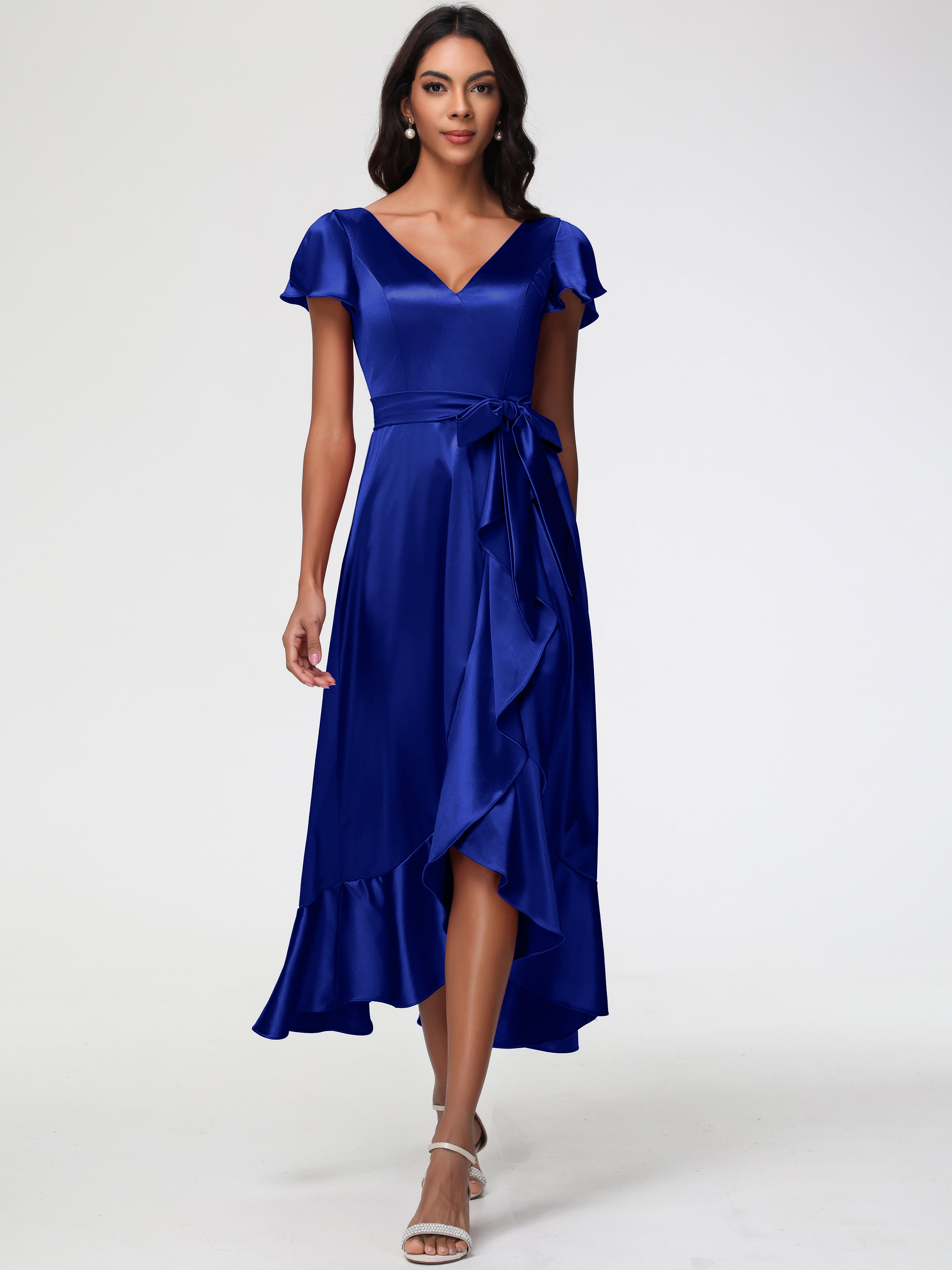 Robe Demoiselle D Honneur Bleu Royal Asymétrique Col V Trapèze Satin Extensible Mi-Longue Robe De Demoiselle D'Honneur
