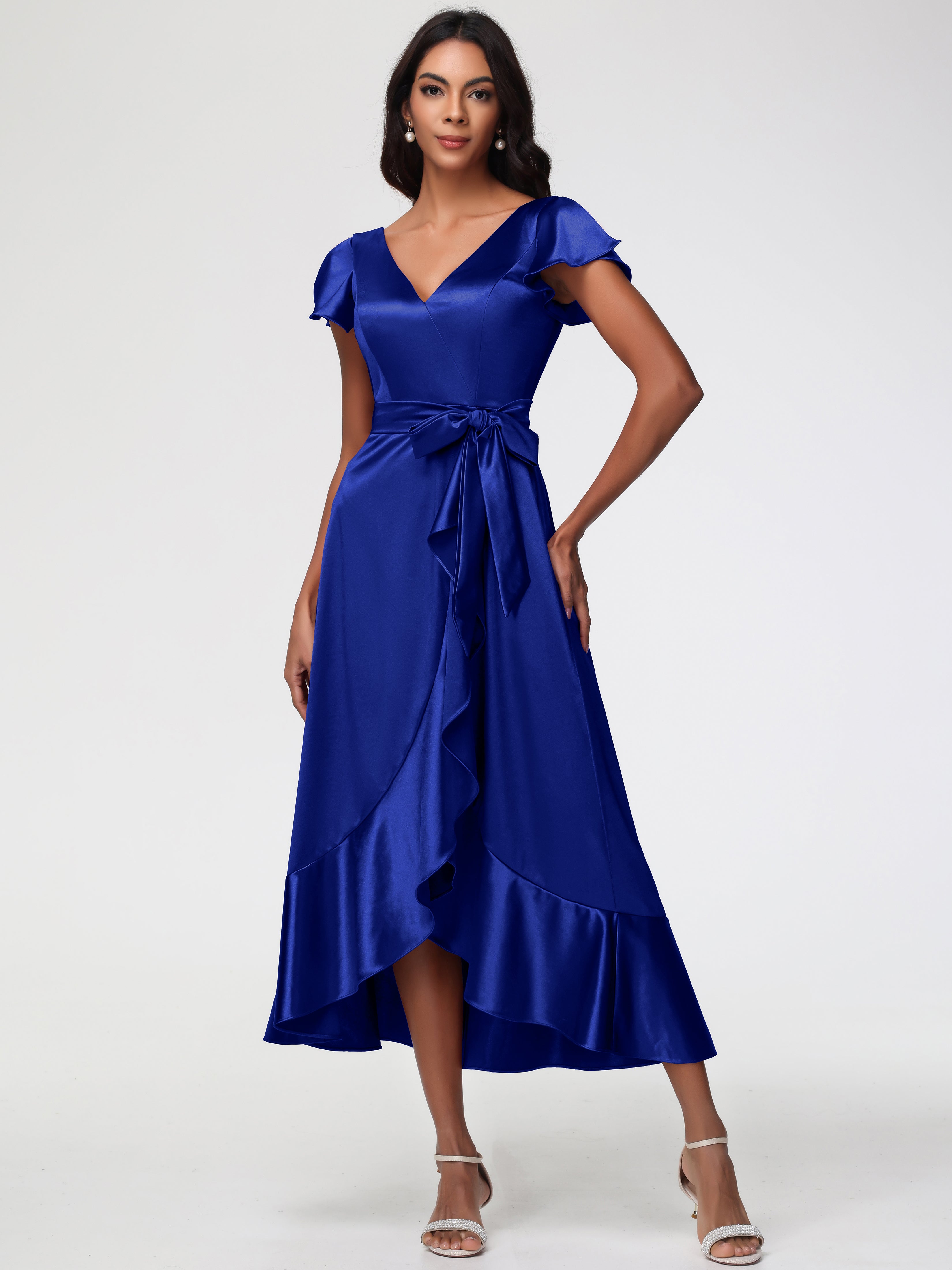 Robe Demoiselle D Honneur Bleu Royal Asymétrique Col V Trapèze Satin Extensible Mi-Longue Robe De Demoiselle D'Honneur