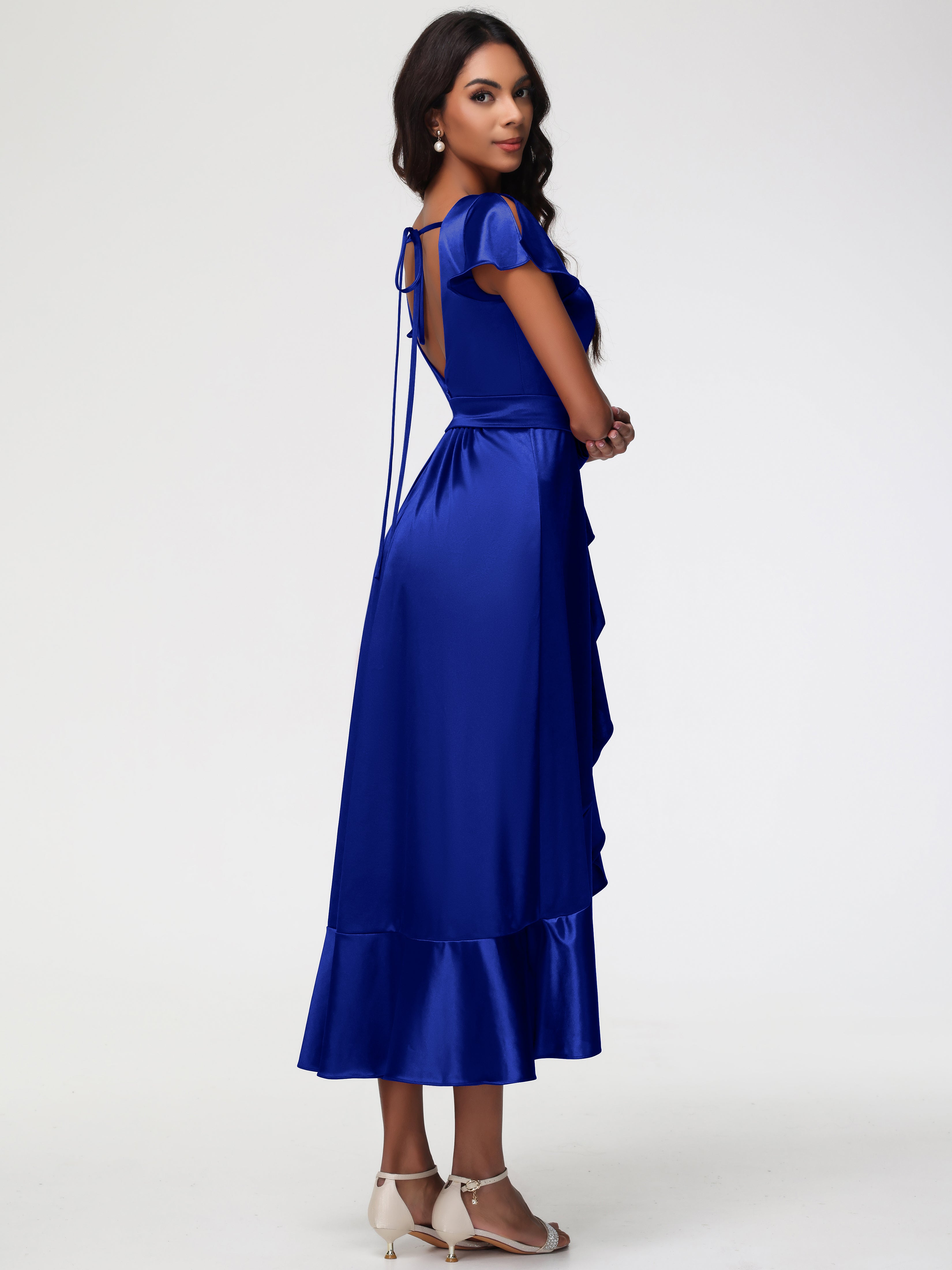 Robe Demoiselle D Honneur Bleu Royal Asymétrique Col V Trapèze Satin Extensible Mi-Longue Robe De Demoiselle D'Honneur