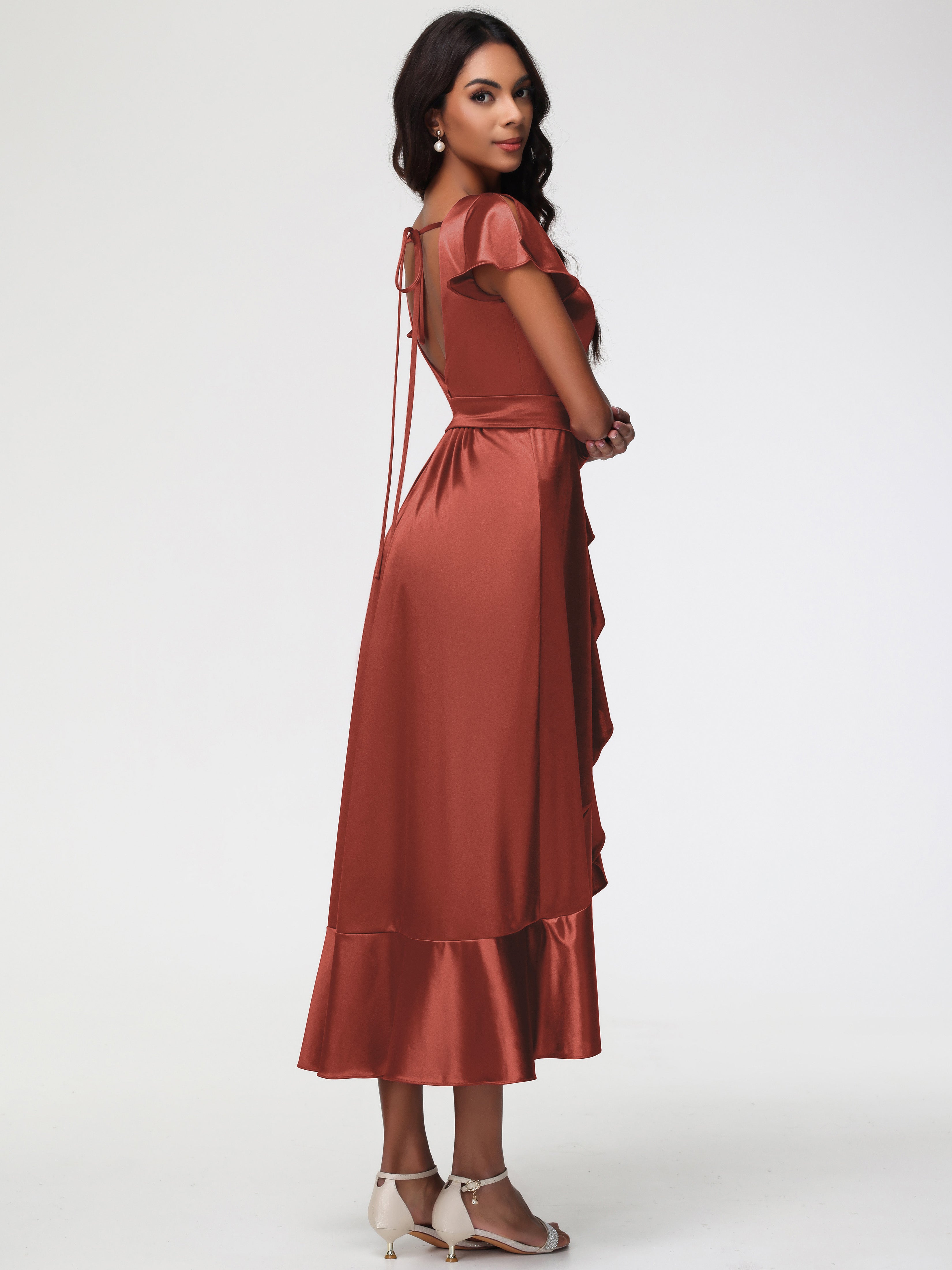 Demoiselle D'Honneur De Rouille Asymétrique Col V Trapèze Satin Extensible Mi-Longue Robe De Demoiselle D'Honneur