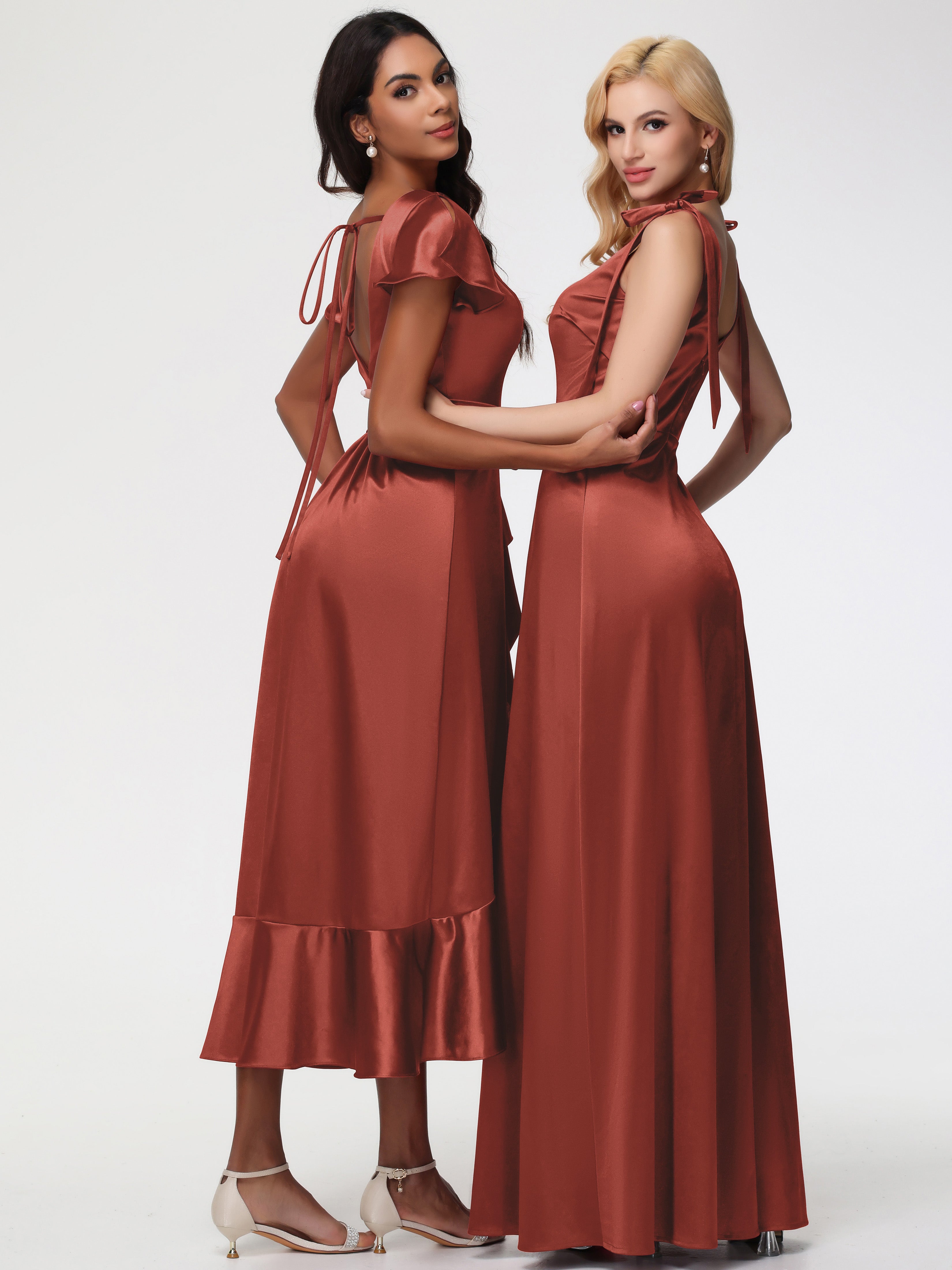 Demoiselle D'Honneur De Rouille Asymétrique Col V Trapèze Satin Extensible Mi-Longue Robe De Demoiselle D'Honneur