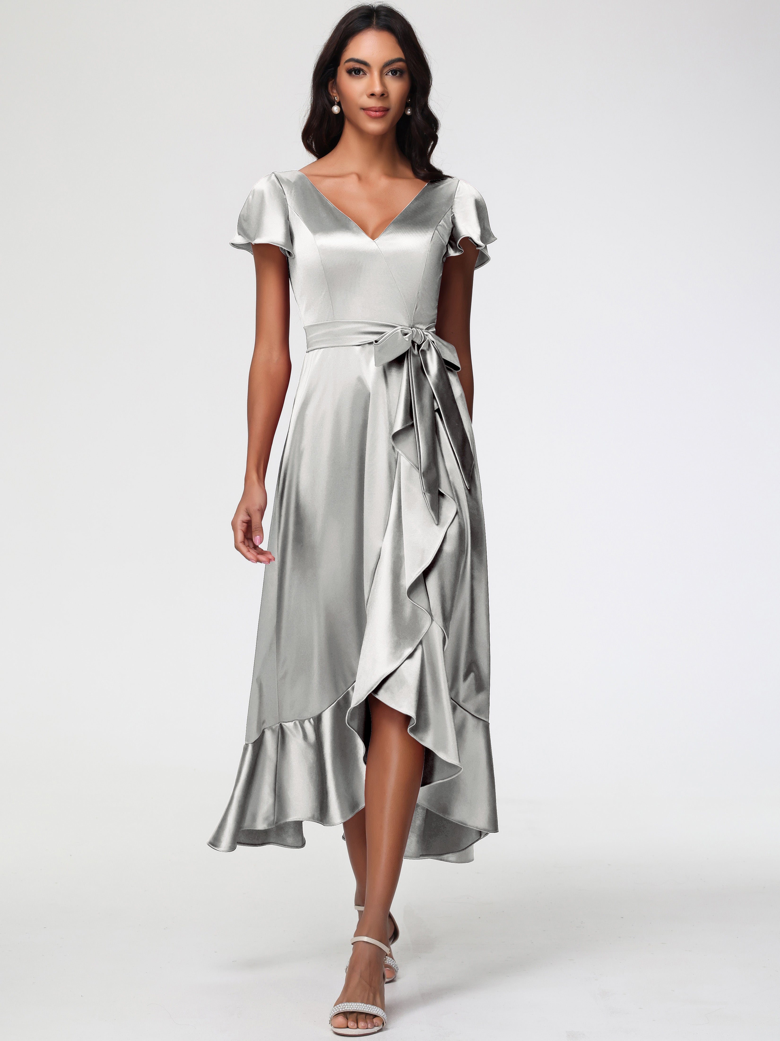 Robe Argentée Demoiselle D Honneur Asymétrique Col V Trapèze Satin Extensible Mi-Longue Robe De Demoiselle D'Honneur